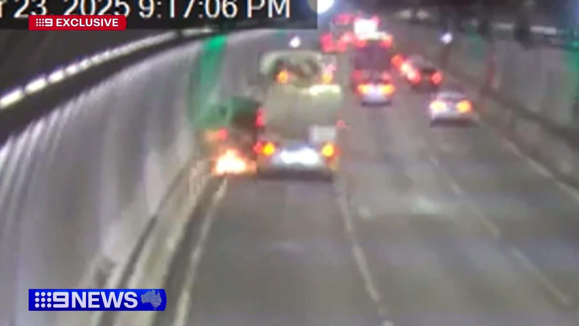 A Melbourne driver has had an incredible escape﻿ after their car was crushed by a tanker truck against the barrier of a Melbourne tunnel last night.