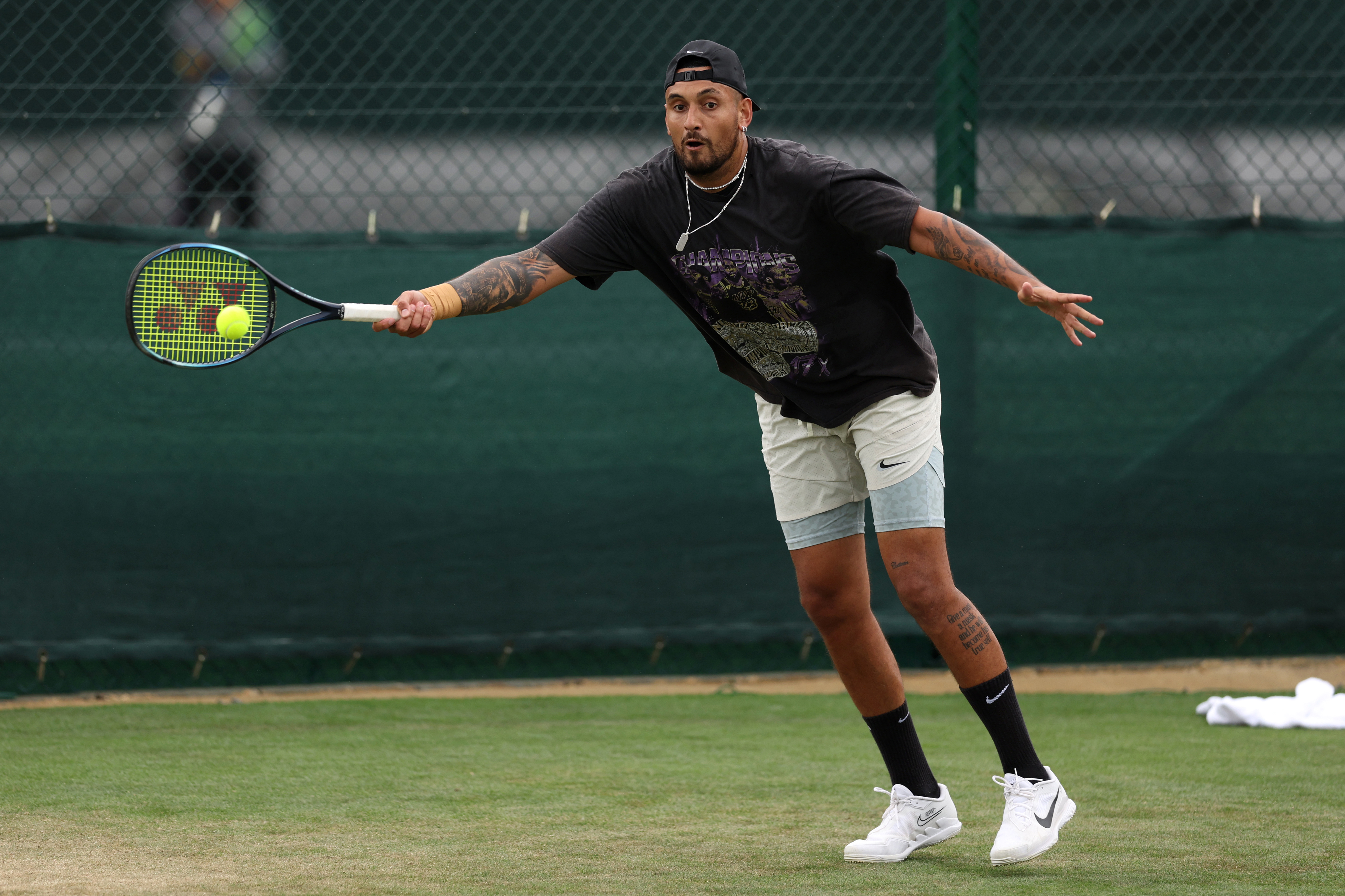 Nick Kyrgios of Australia plays a forehand during a practice session ahead Wimbledon at All England Lawn Tennis and Croquet Club.