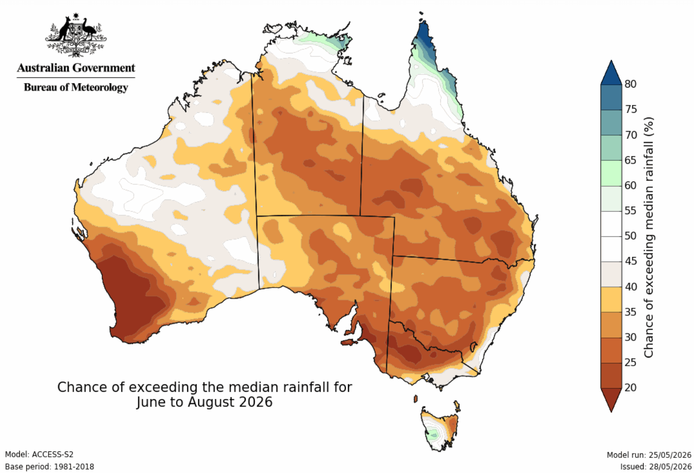 Chance of exceeding the median rainfall for June to August 2026