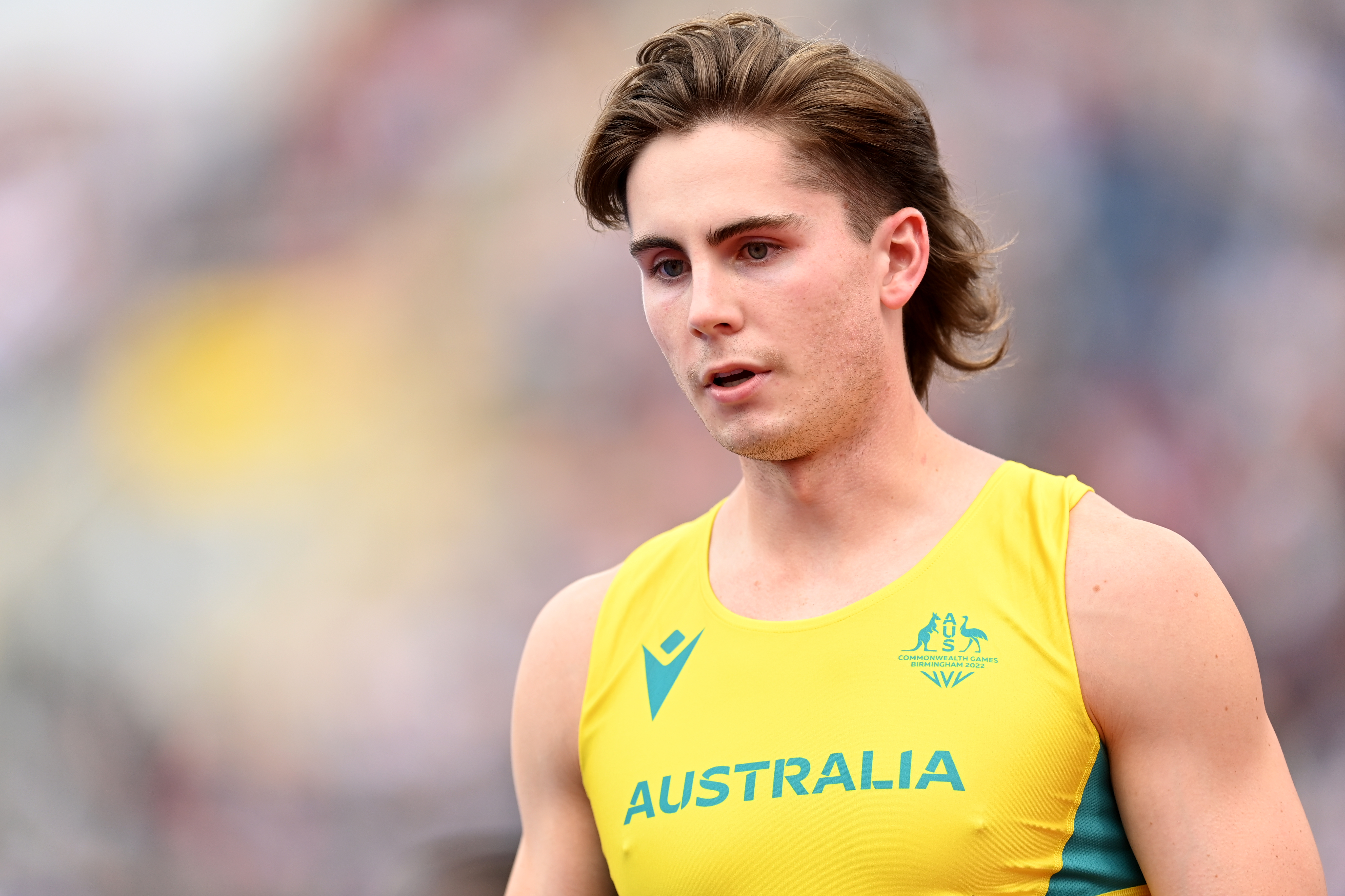 Rohan Browning of Team Australia reacts after qualifying in the Men's 100m Round 1 heats on day five of the Birmingham 2022 Commonwealth Games at Alexander Stadium on August 02, 2022 on the Birmingham, England. (Photo by David Ramos/Getty Images)