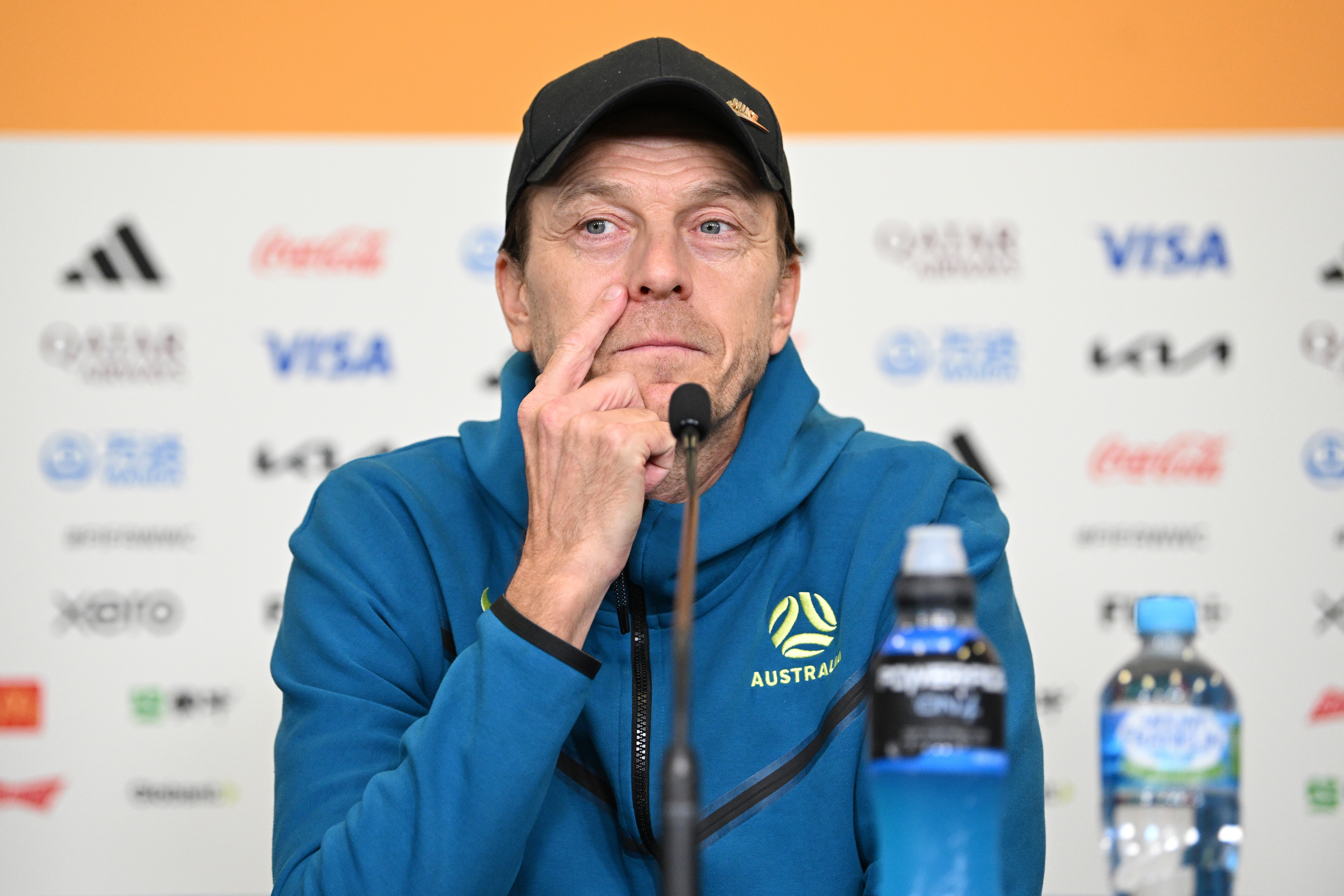 Tony Gustavsson speaks during the Matildas pre-match press conference ahead of their third-place playoff against Sweden.