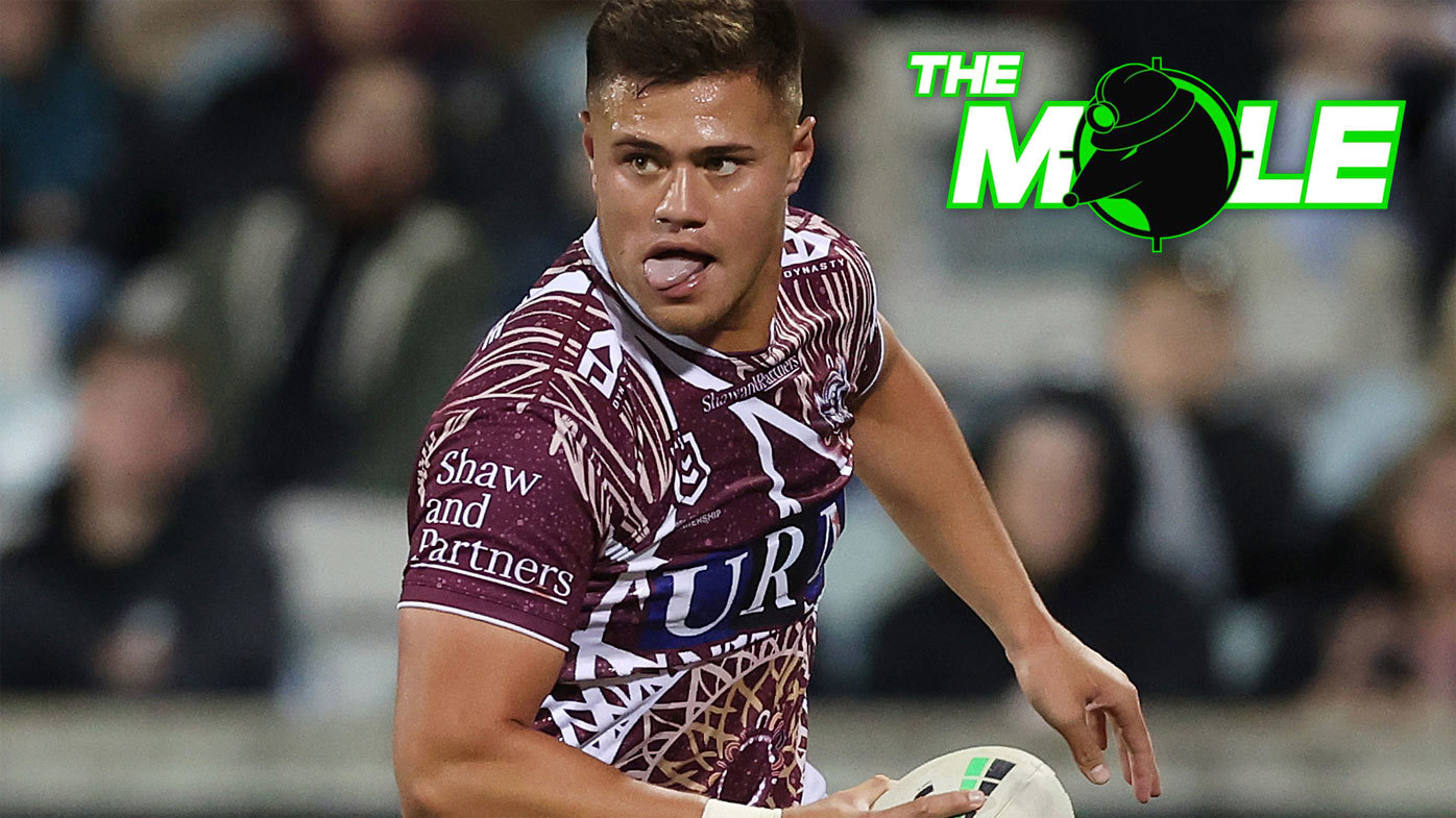 Josh Schuster runs the ball for Manly against the Raiders in round 12.