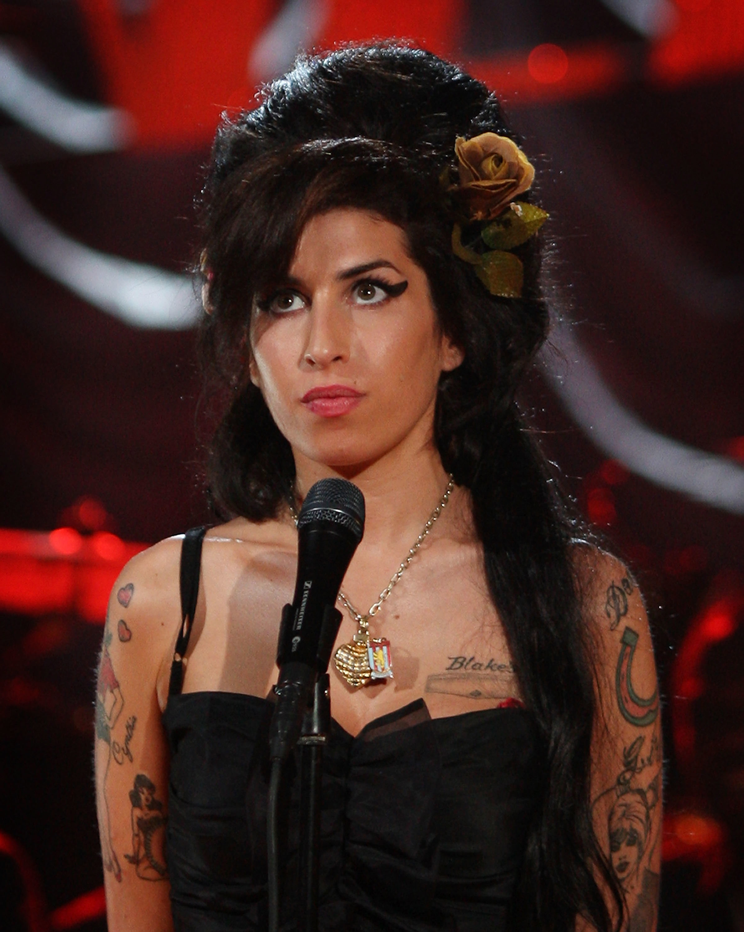 British singer Amy Winehouse performs at The Riverside Studios for the 50th Grammy Awards ceremony via video link on February 10, 2008 in London, England.
