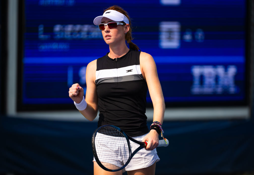 Maya Joint of Australia in action against Laura Siegemund of Germany in the first round on Day 1 of the US Open.