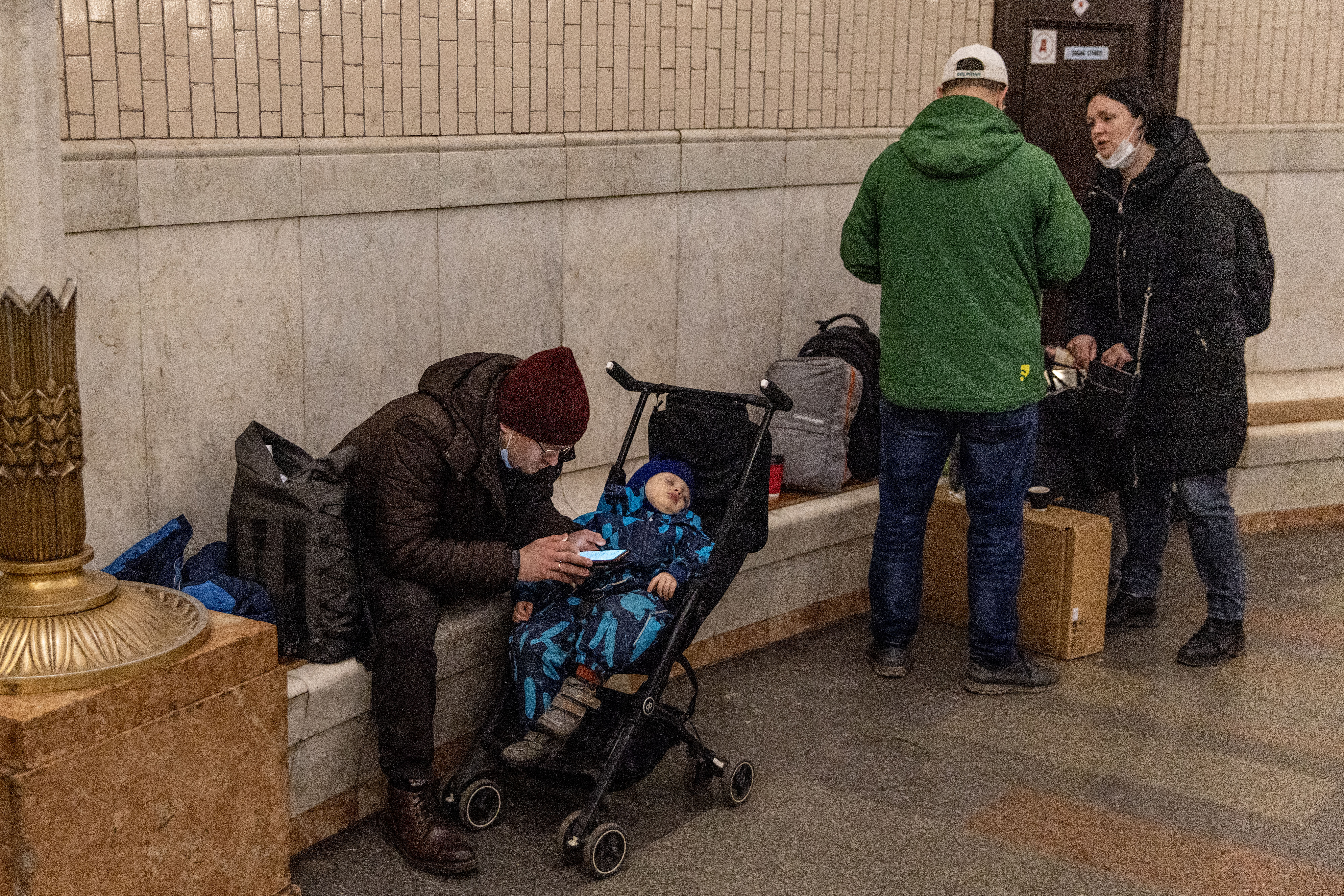 People shelter in a subway in Kyiv 