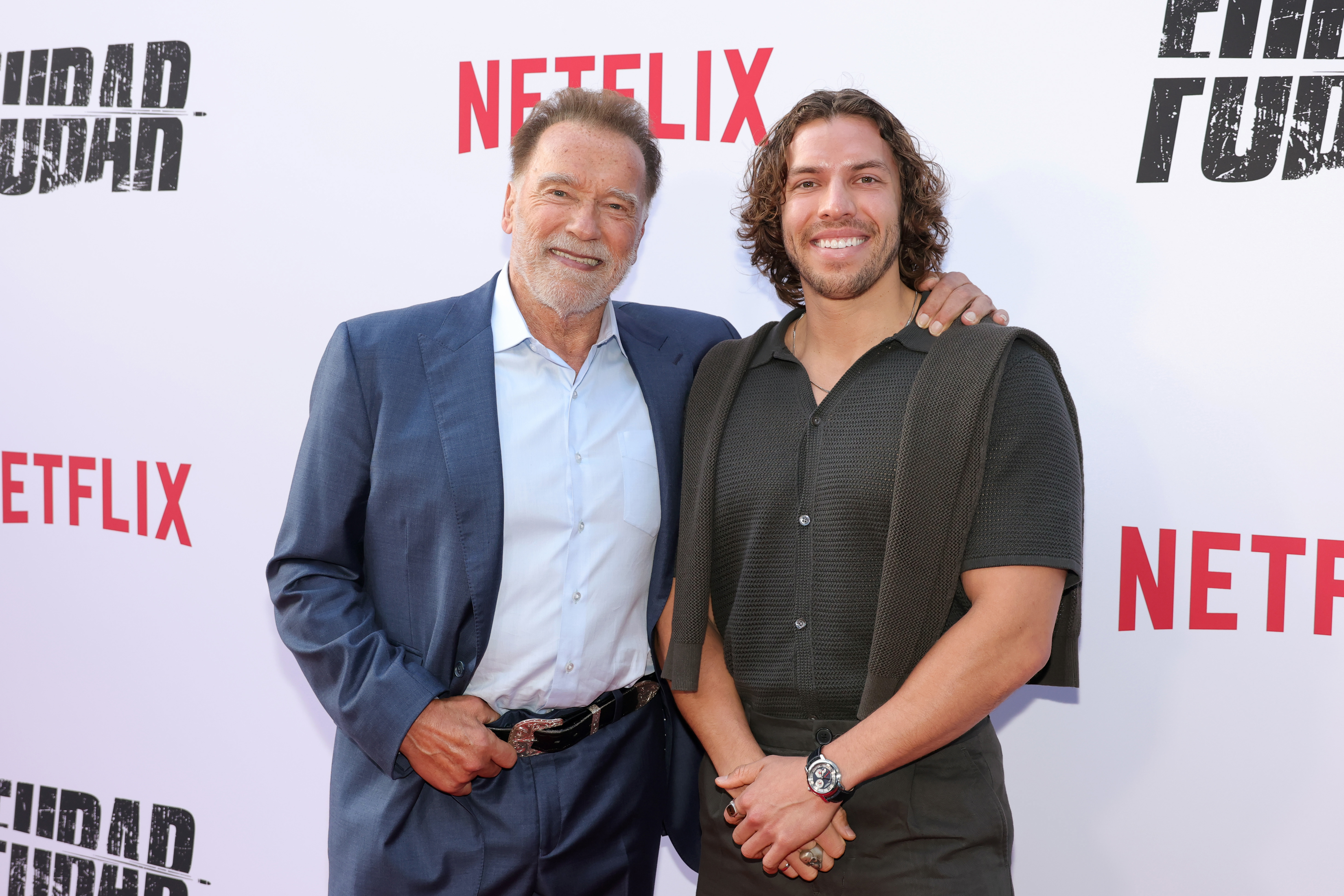 Arnold Schwarzenegger with son Joseph Baena at the premiere of Season 2 of Netflix series FUBAR on June 11, 2025.