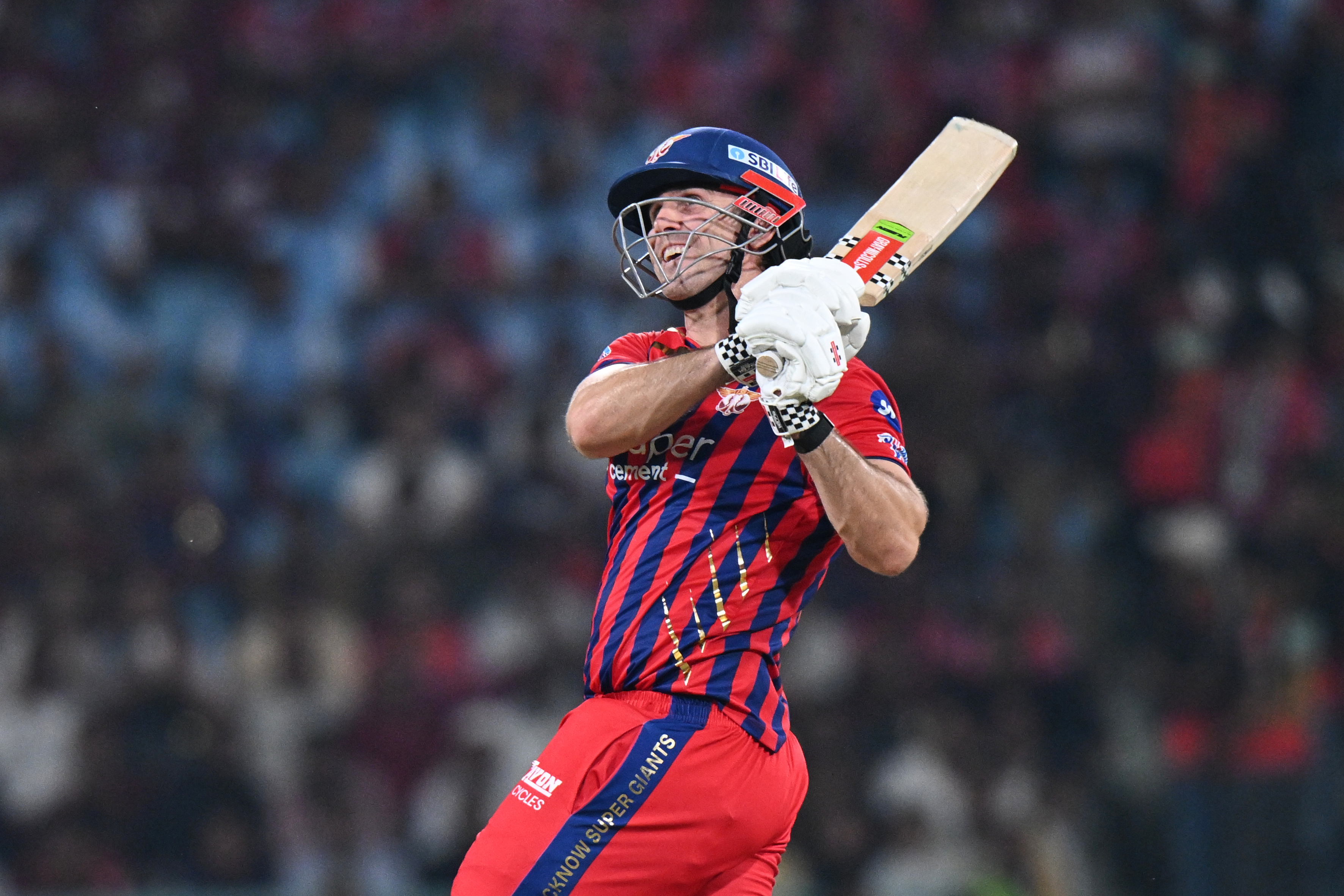 Lucknow Super Giants' Mitchell Marsh plays a shot during the Indian Premier League cricket match between Royal Challengers Bengaluru and Lucknow Super Giants in Lucknow, India, Thursday, May 7, 2026. (AP Photo)
