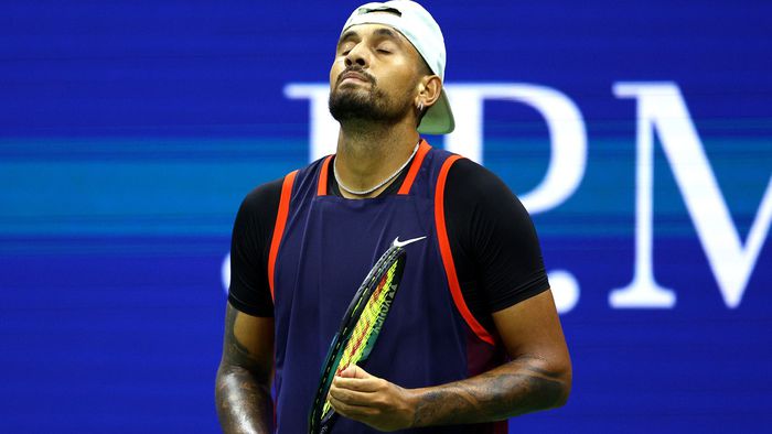 A frustrated Nick Kyrgios during his quarter final loss to Karen Khachanov. (Getty)
