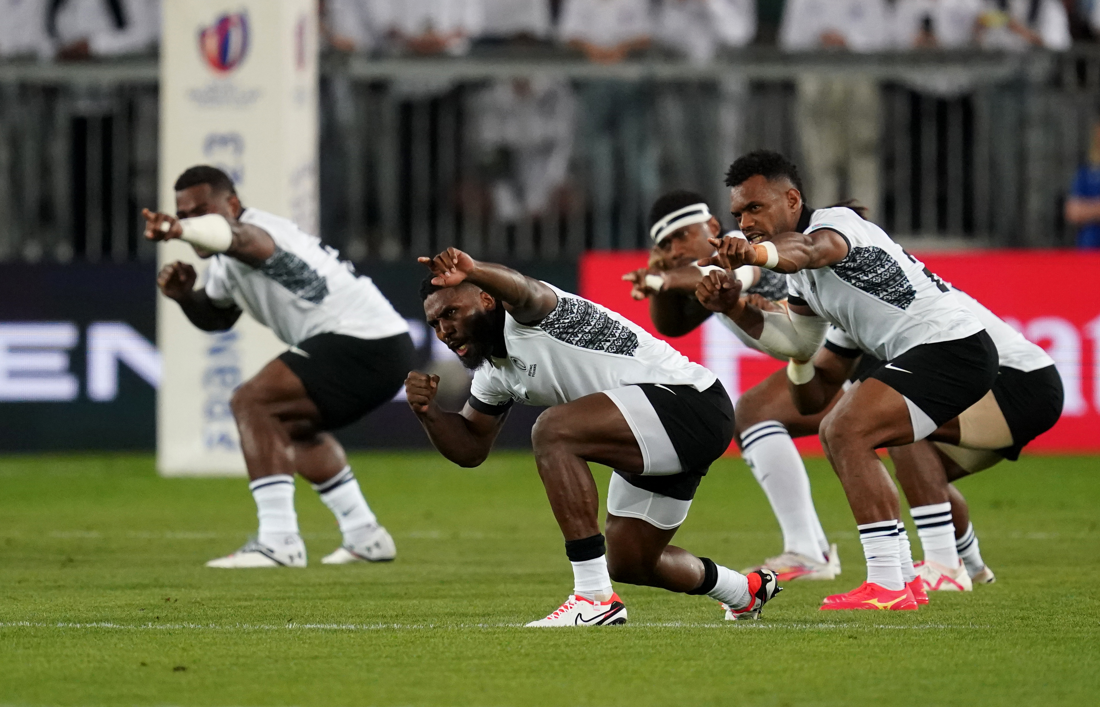 Fiji players perform the cibi at Stade de Bordeaux.