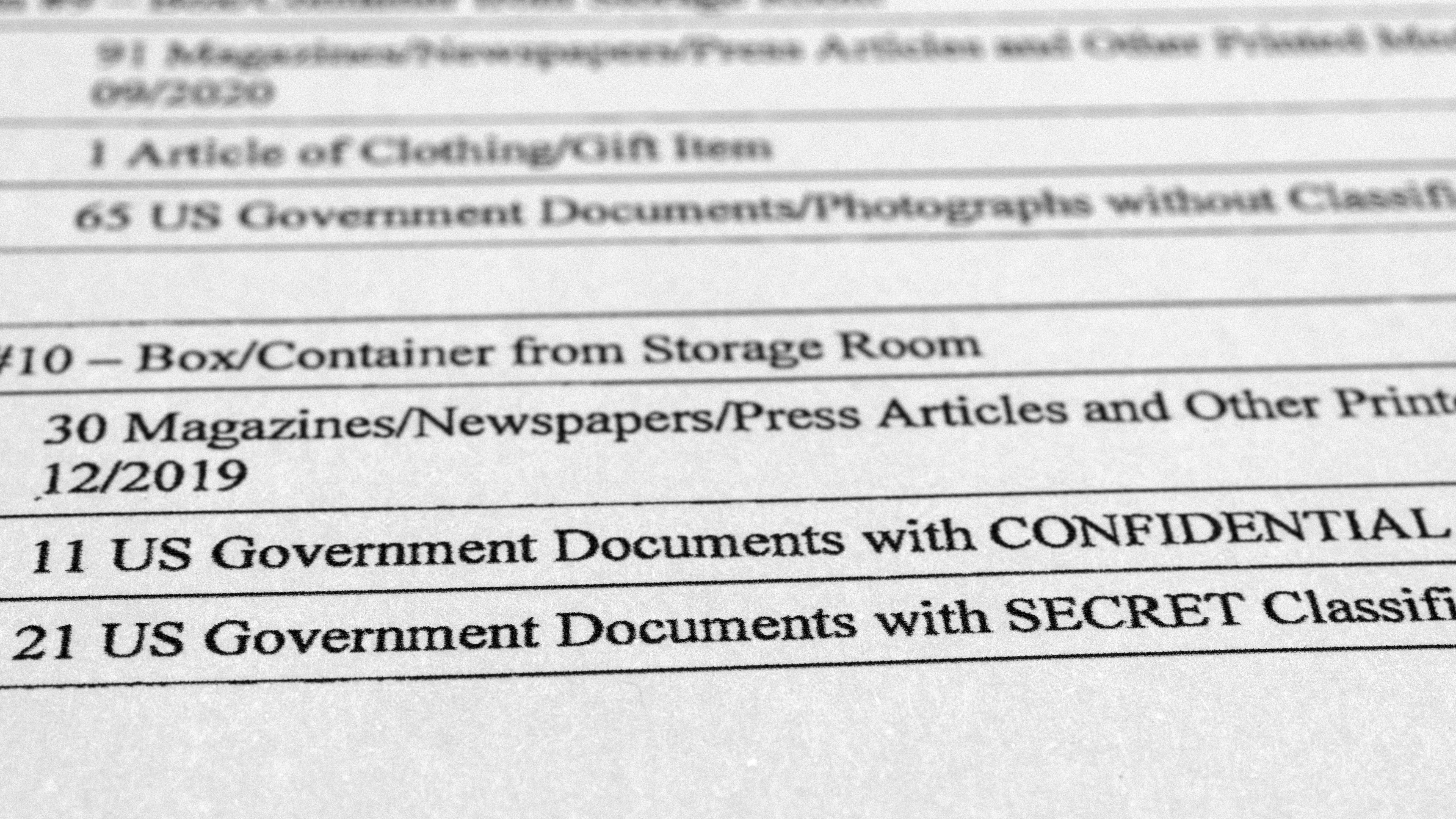 A page from a FBI property list of items seized from former President Donald Trump's Mar-a-Lago estate and made public by the Department of Justice, are photographed Friday, Sept. 2, 2022. FBI agents who searched the home found empty folders marked with classified banners. The inventory reveals in general terms the contents of the 33 boxes taken during the Aug. 8 search. (AP Photo/Jon Elswick)