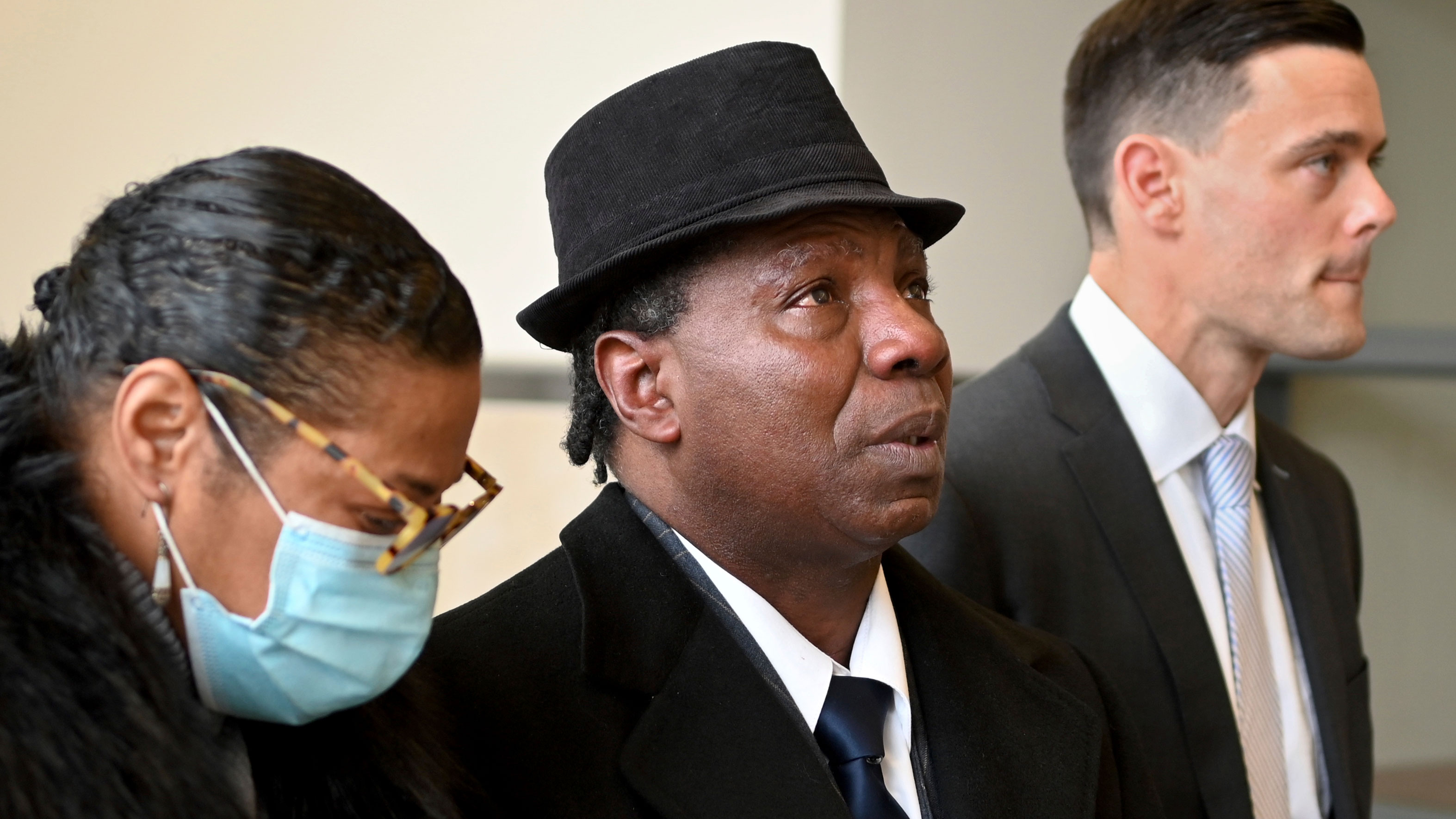 Anthony Broadwater, 61, centre, appears after a judge overturned his conviction that wrongfully put him in state prison for the rape of author Alice Sebold.