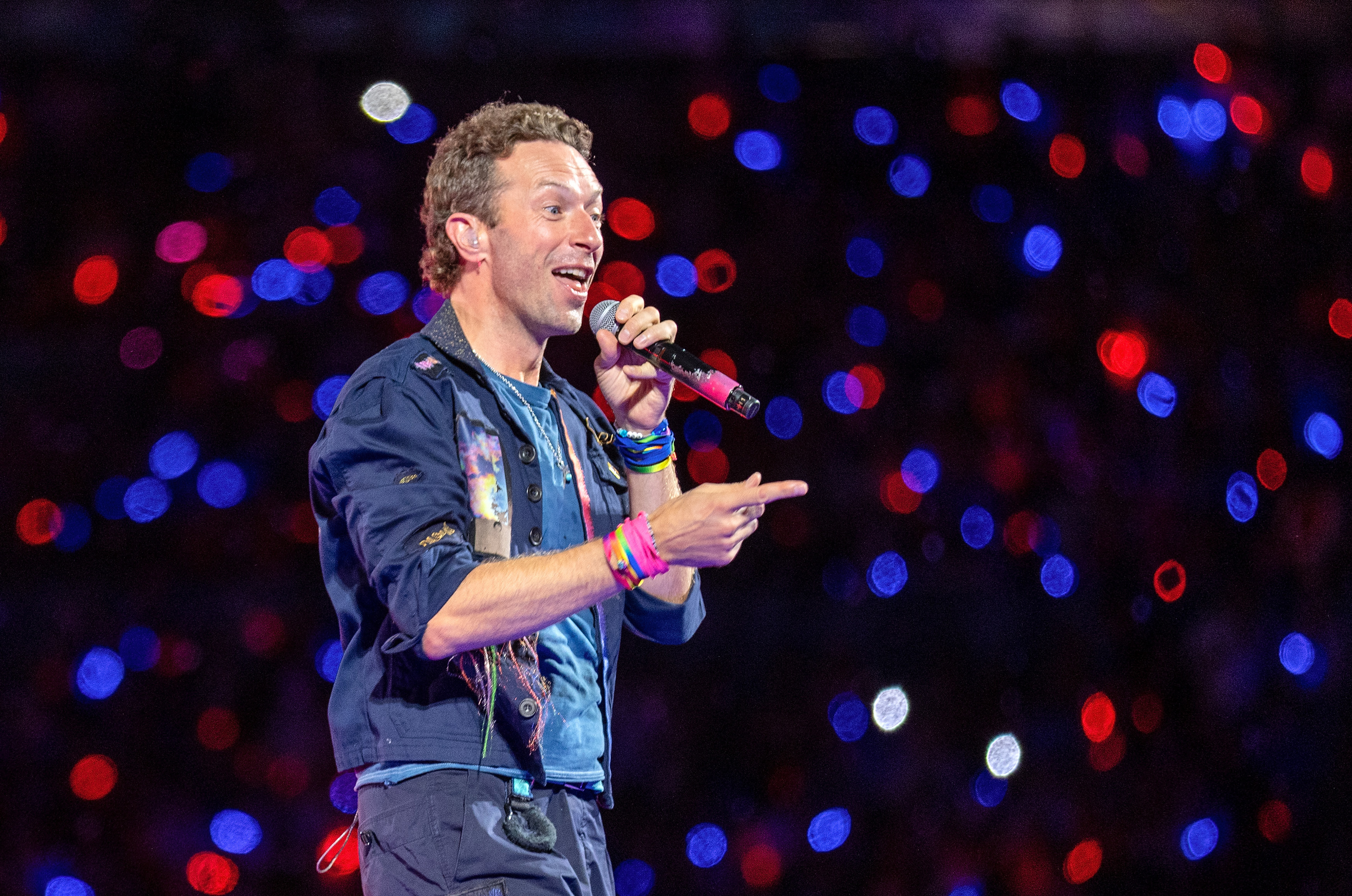 LONDON, ENGLAND - AUGUST 22: (EDITORIAL USE ONLY) Chris Martin of Coldplay performs onstage during a concert at Wembley Stadium on August 22, 2025 in London, England. (Photo by Jo Hale/Redferns)