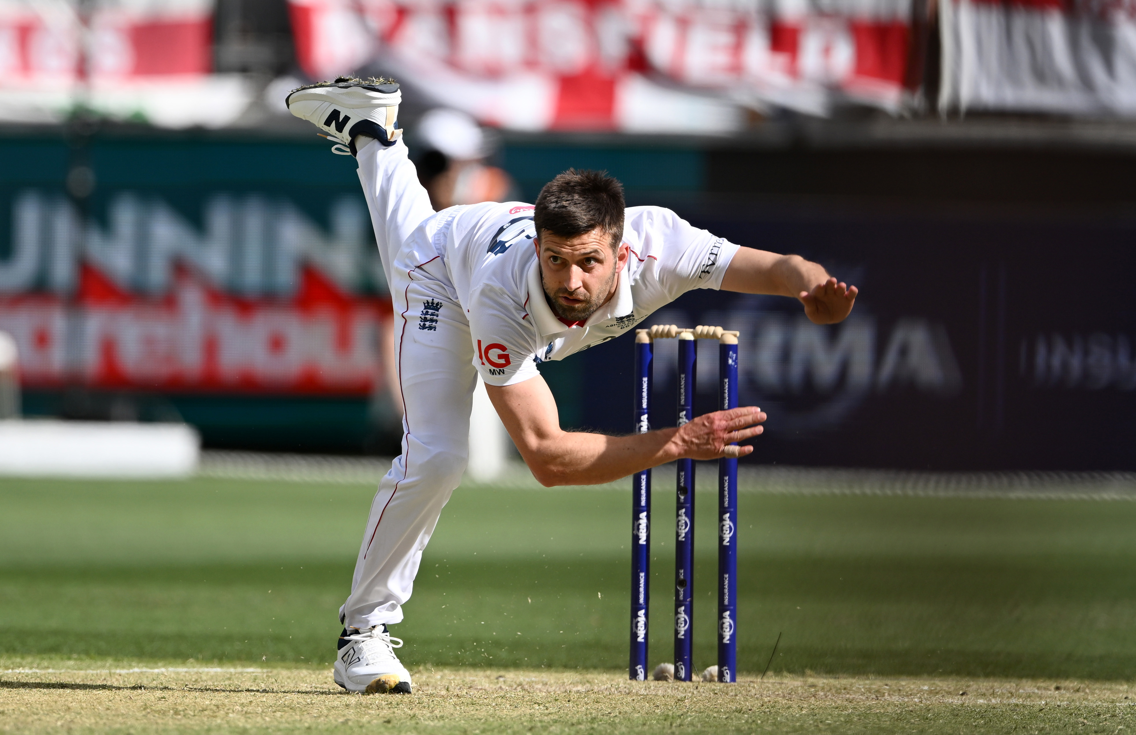 PERTH, AUSTRALIA - NOVEMBER 22: Mark Wood of England bowls during day two of the First 2025/26 Ashes Series Test Match between Australia and England at Perth Stadium on November 22, 2025 in Perth, Australia. (Photo by Gareth Copley/Getty Images)
