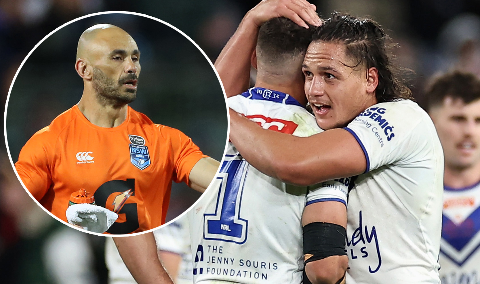 Trainer Travis Touma and former Bulldogs player Jackson Topine.