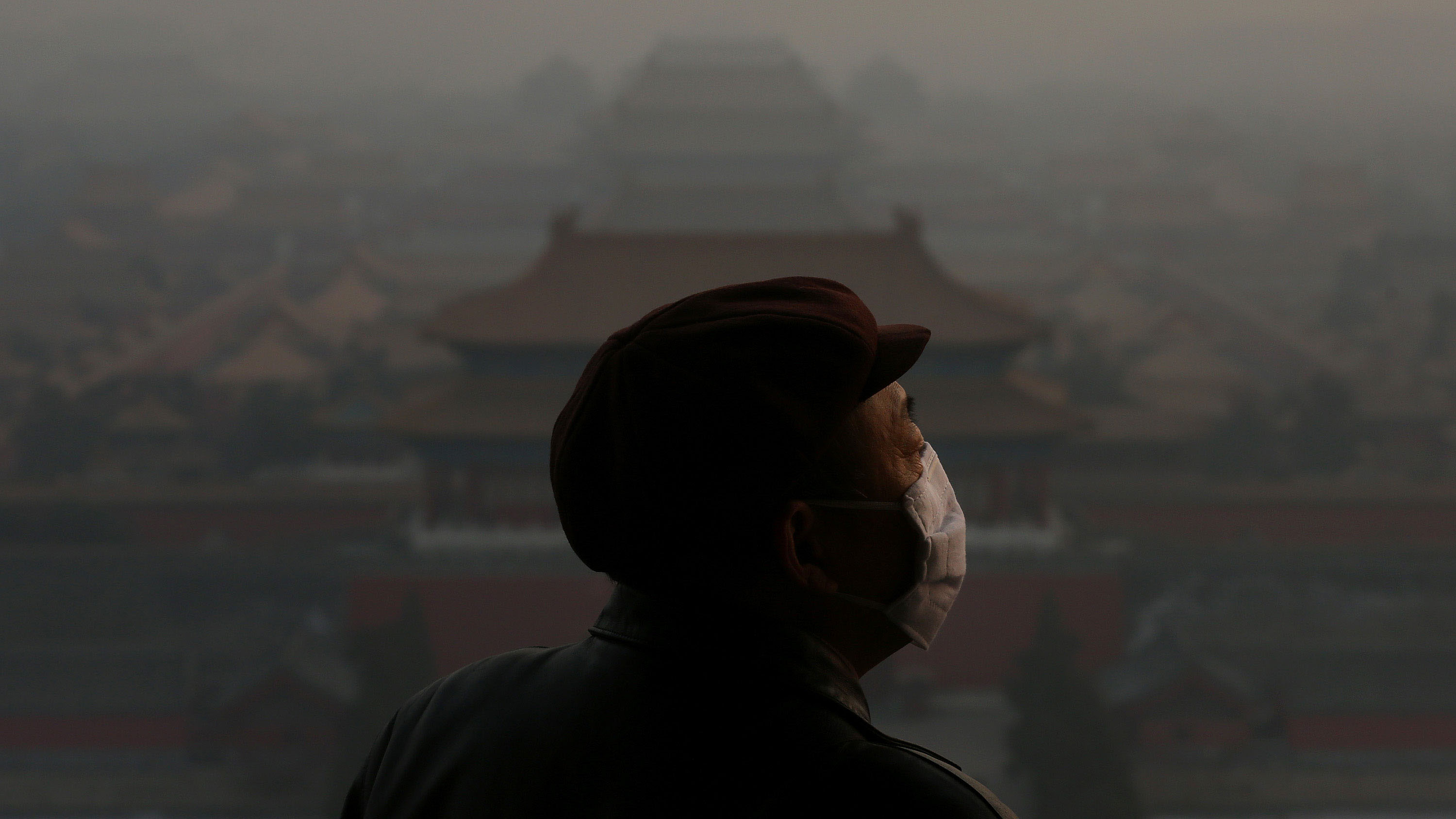 Heavy smog shrouded the Forbidden City in Beijing, China as a tourist looks on. 