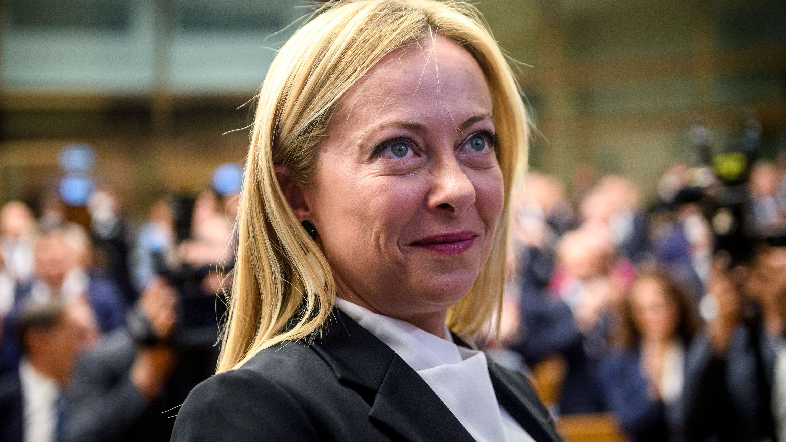 Giorgia Meloni, Fratelli ditalia political party leader, attends a meeting with the newly elected parliamentarians of Fratelli d'Italia (Brothers of Italy) political party, at the Chamber of Deputies, on October 10, 2022 in Rome, Italy 