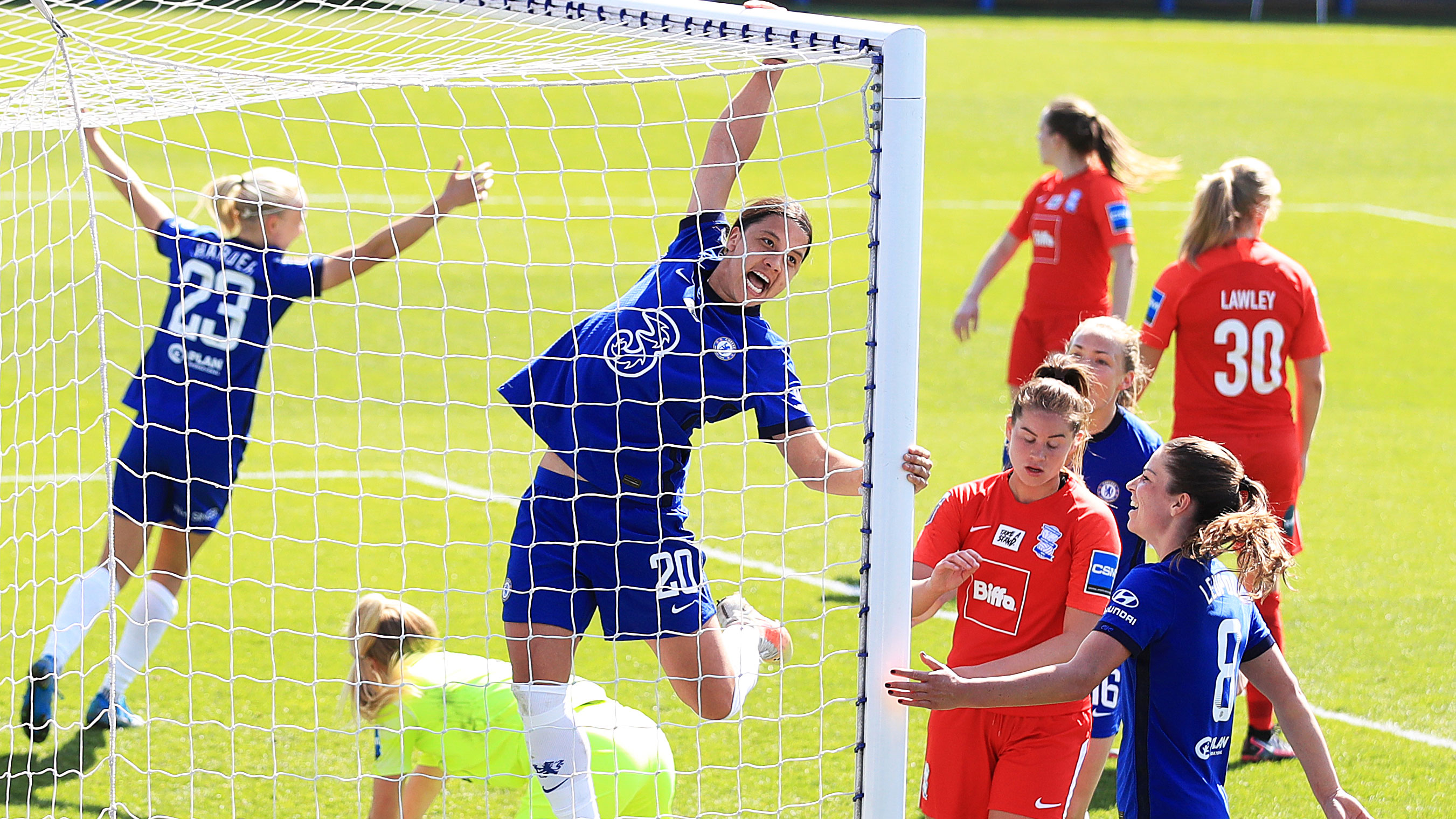 Sam Kerr celebrates a goal against Birmingham City.