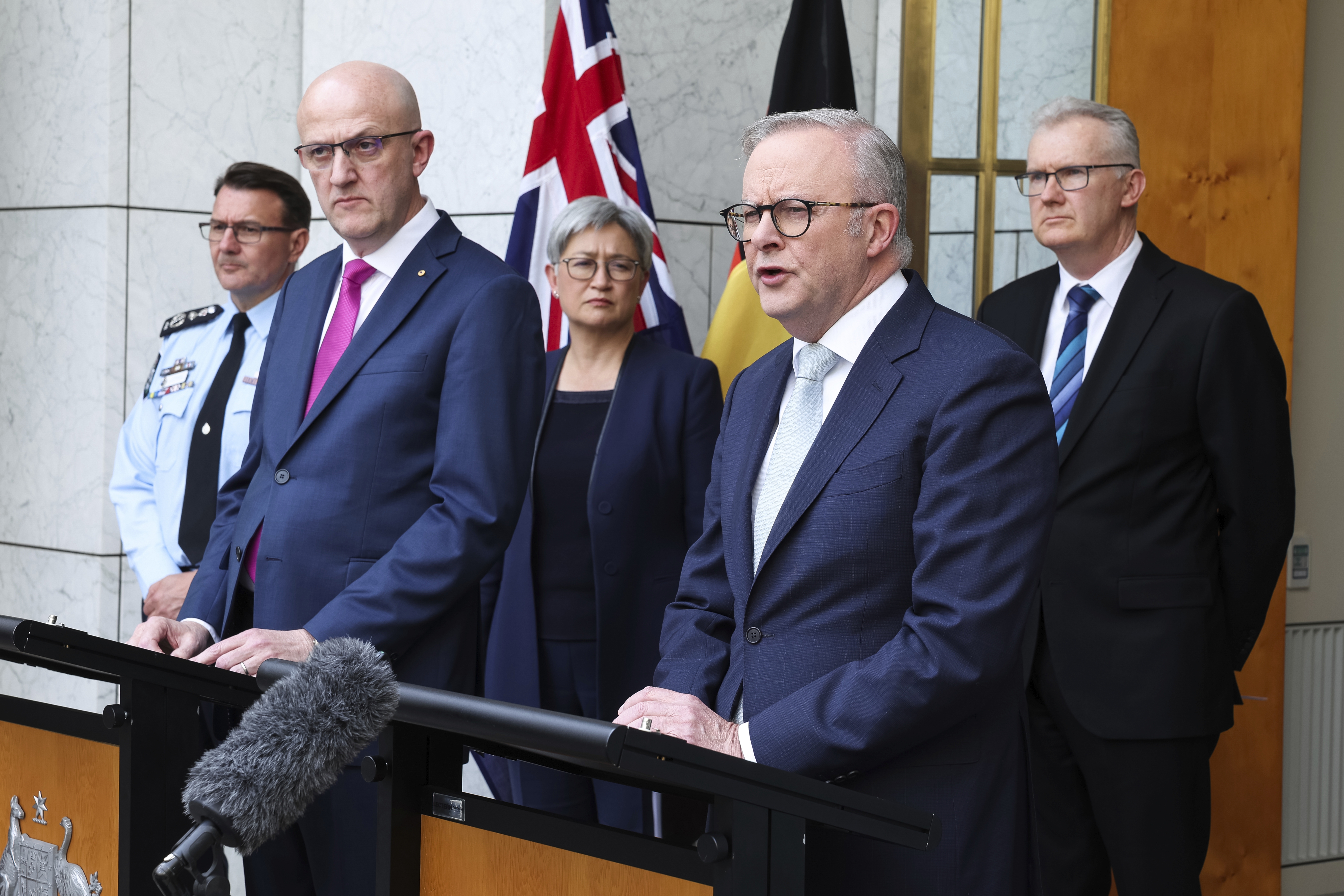 Prime Minister Anthony Albanese and ASIO Director General Mike Burgess at a press conference at Parliament House in Canberra on Tuesday 26 August 2025.