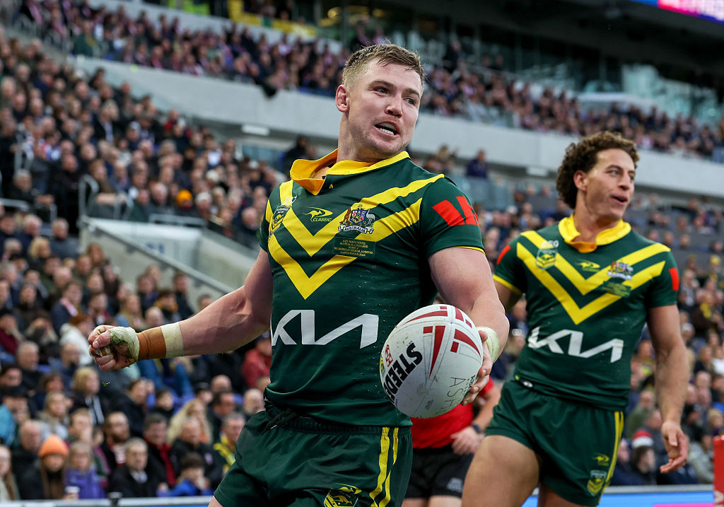 Australia's Hudson Young celebrates scoring his side's second try.