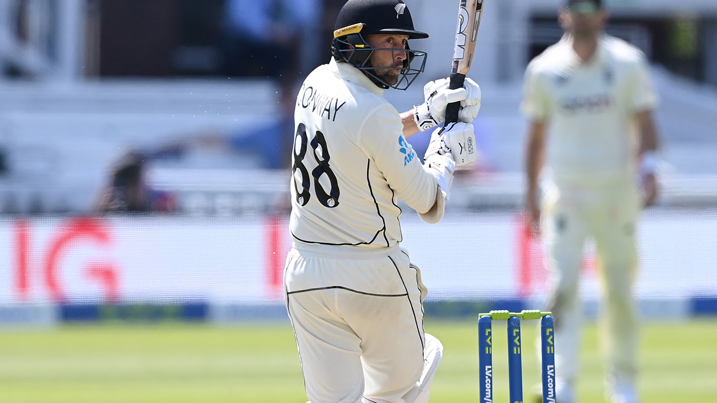 Devon Conway of New Zealand reaches his double century with a six during Day 2 of the First Test Match between England and New Zealand at Lord's.