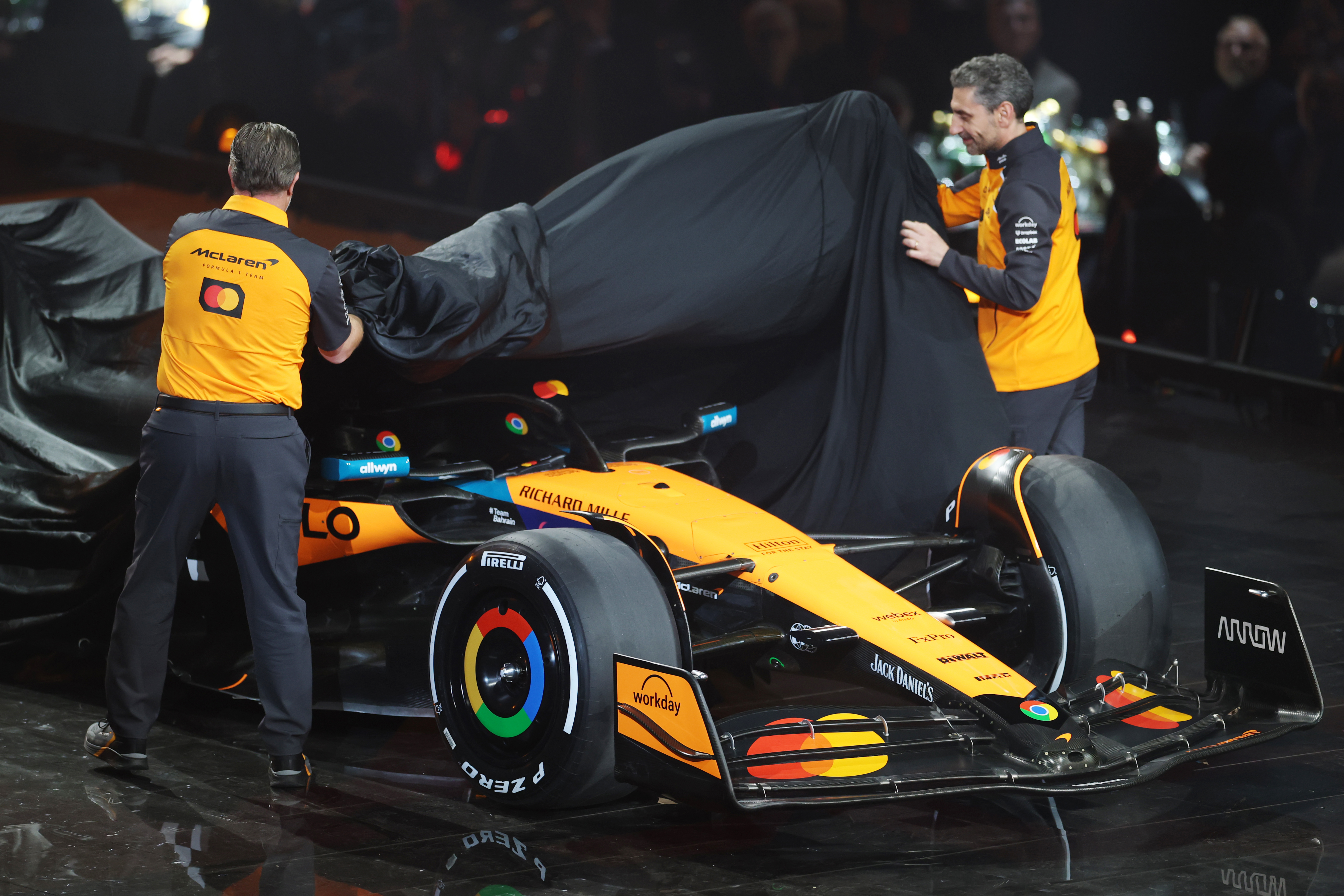 Zak Brown, Chief Executive Officer of McLaren and Andrea Stella, Team Principal of McLaren unveil their livery during F1 75 Live event.