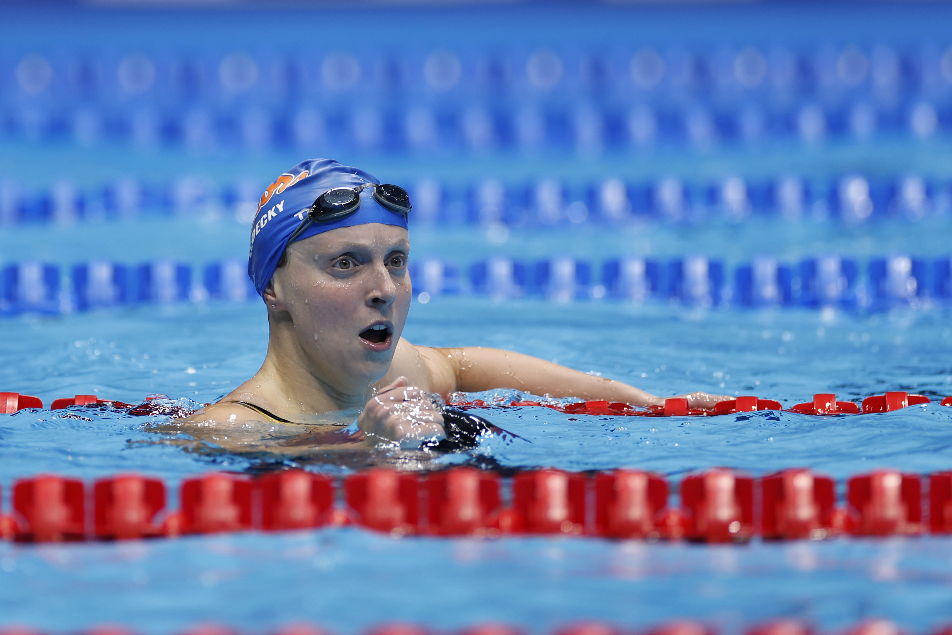 Katie Ledecky of the United States reacts after the Women's 400m freestyle final on Day One of the 2024 U.S. Olympic Team Swimming Trials at Lucas Oil Stadium on June 15, 2024 in Indianapolis, Indiana. (Photo by Sarah Stier/Getty Images)