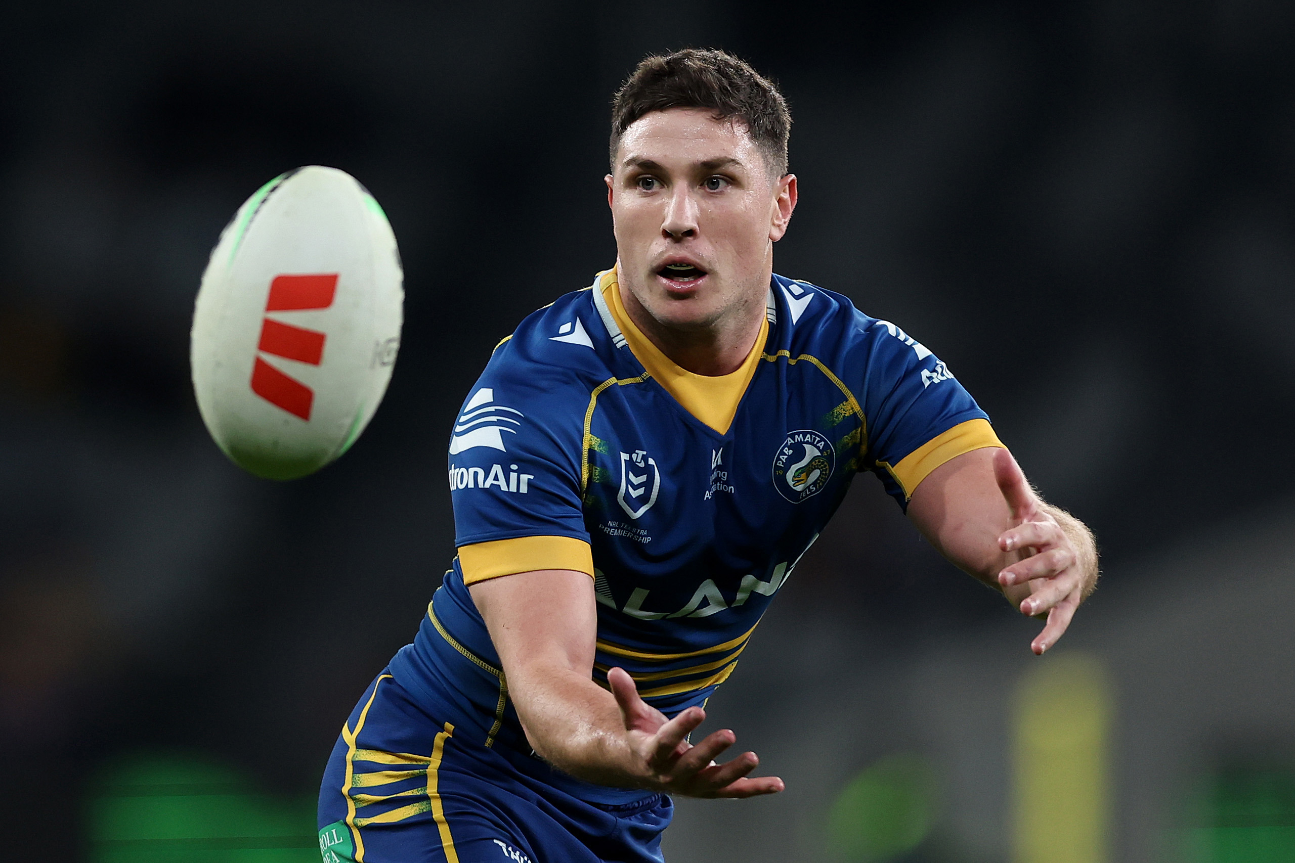 Mitchell Moses of the Eels catches a pass during the round 13 NRL match between Parramatta Eels and North Queensland Cowboys at CommBank Stadium on May 26, 2023 in Sydney, Australia. (Photo by Mark Metcalfe/Getty Images)