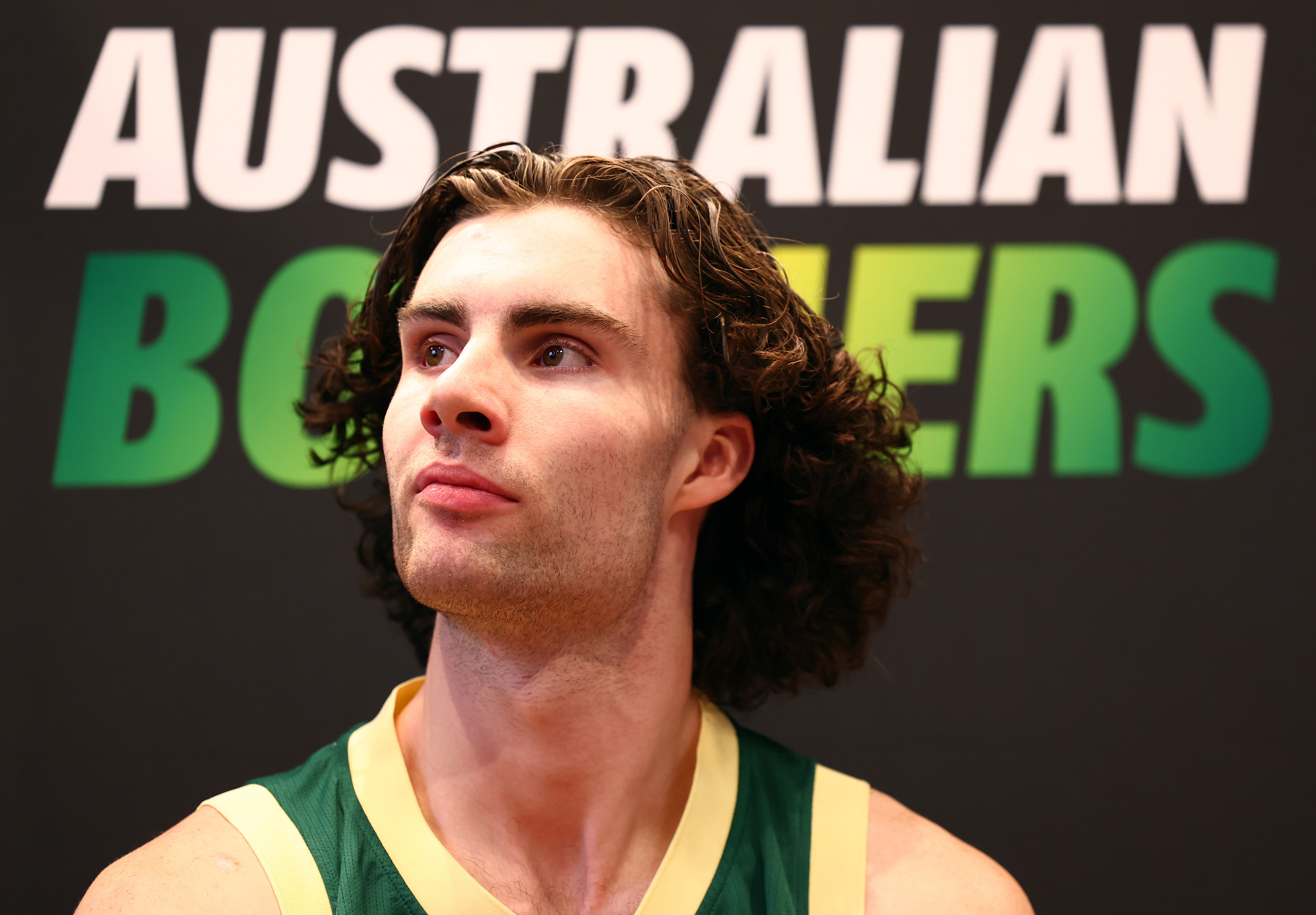Australian Boomers players Josh Green and Josh Giddey attends a press-conference at Foot Locker in Melbourne.