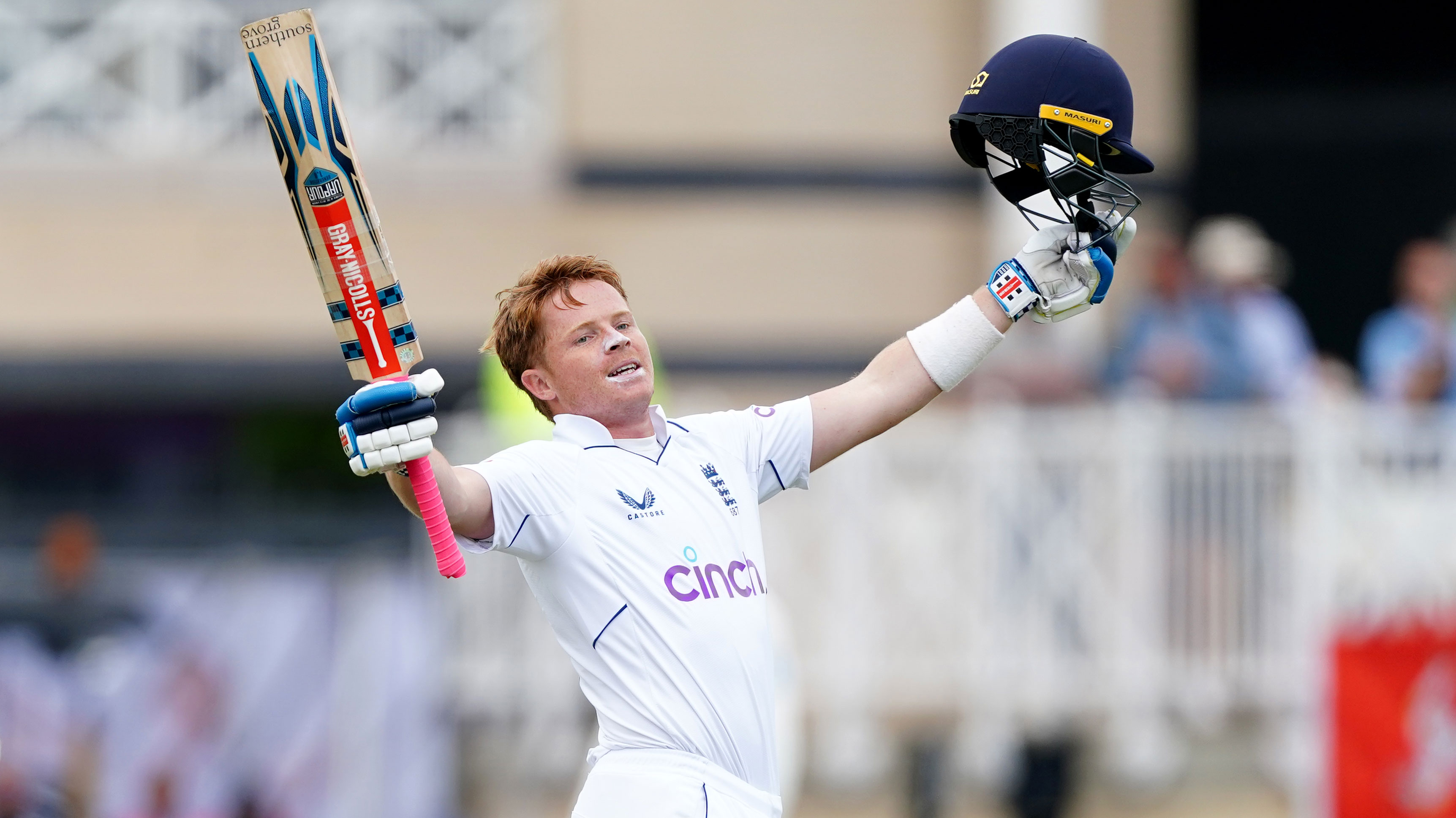 England's Ollie Pope celebrates scoring a century during day three of the second Test against New Zealand.