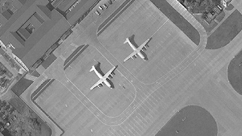 Satellite image of Woody Island in the Paracel island chain in the South China Sea taken in November, 2017, shows two Chinese Y-8 military transport aircraft. The Washington-based Asia Maritime Transparency Initiative says China has undertaken new deployments of military aircraft on the island in recent weeks. On other outposts in the disputed South China Sea has conducted major construction work during 2017. 