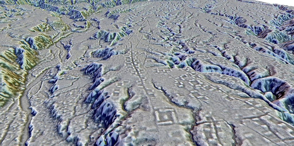 This LIDAR image provided by researchers in January 2024 shows complexes of rectangular platforms arranged around low squares and distributed along wide dug streets in a lost Amazonian city