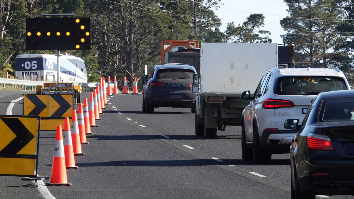 A Victoria Police checkpoint set up on the border of Sunbury and Gisborne on the Calder Freeway.