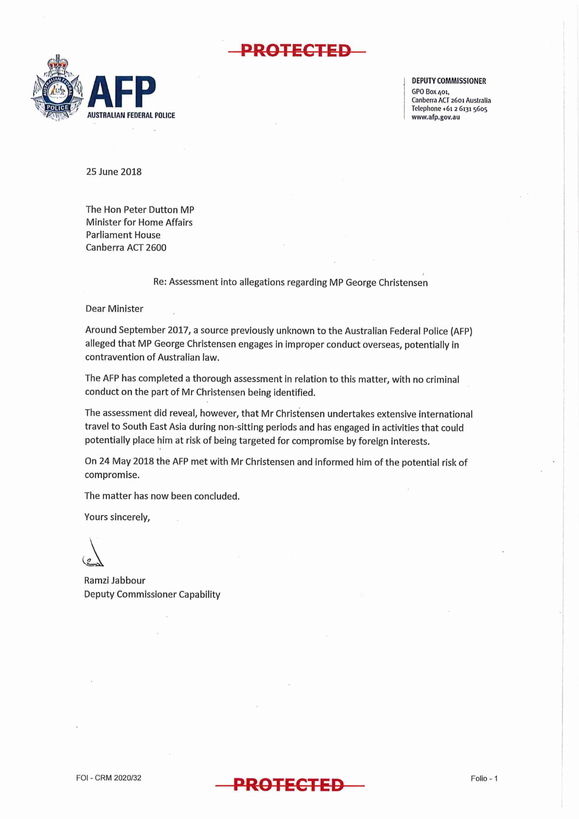 Letter sent by the AFP to then-Home Affairs Minister Peter Dutton about George Christensen