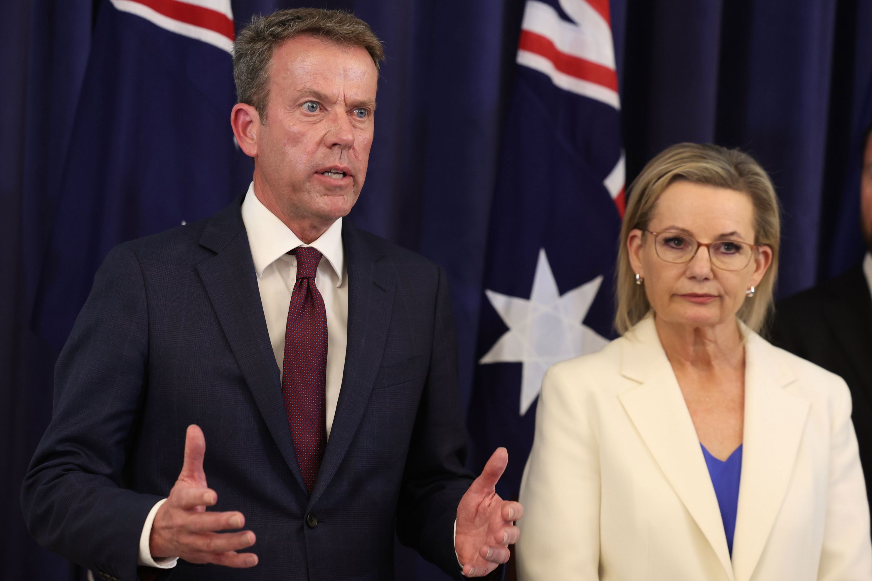 Shadow Minister for Health and Aged Care, and Shadow Minister for Sport, Senator Anne Ruston, Shadow Minister for Energy and Emissions Reduction Dan Tehan, Opposition leader Sussan Ley and Shadow Minister for Home Affairs Senator Jonathon Duniam at a press conference at Parliament House in Canberra on Thursday 13 November 2025. fedpol Photo: Alex Ellinghausen
