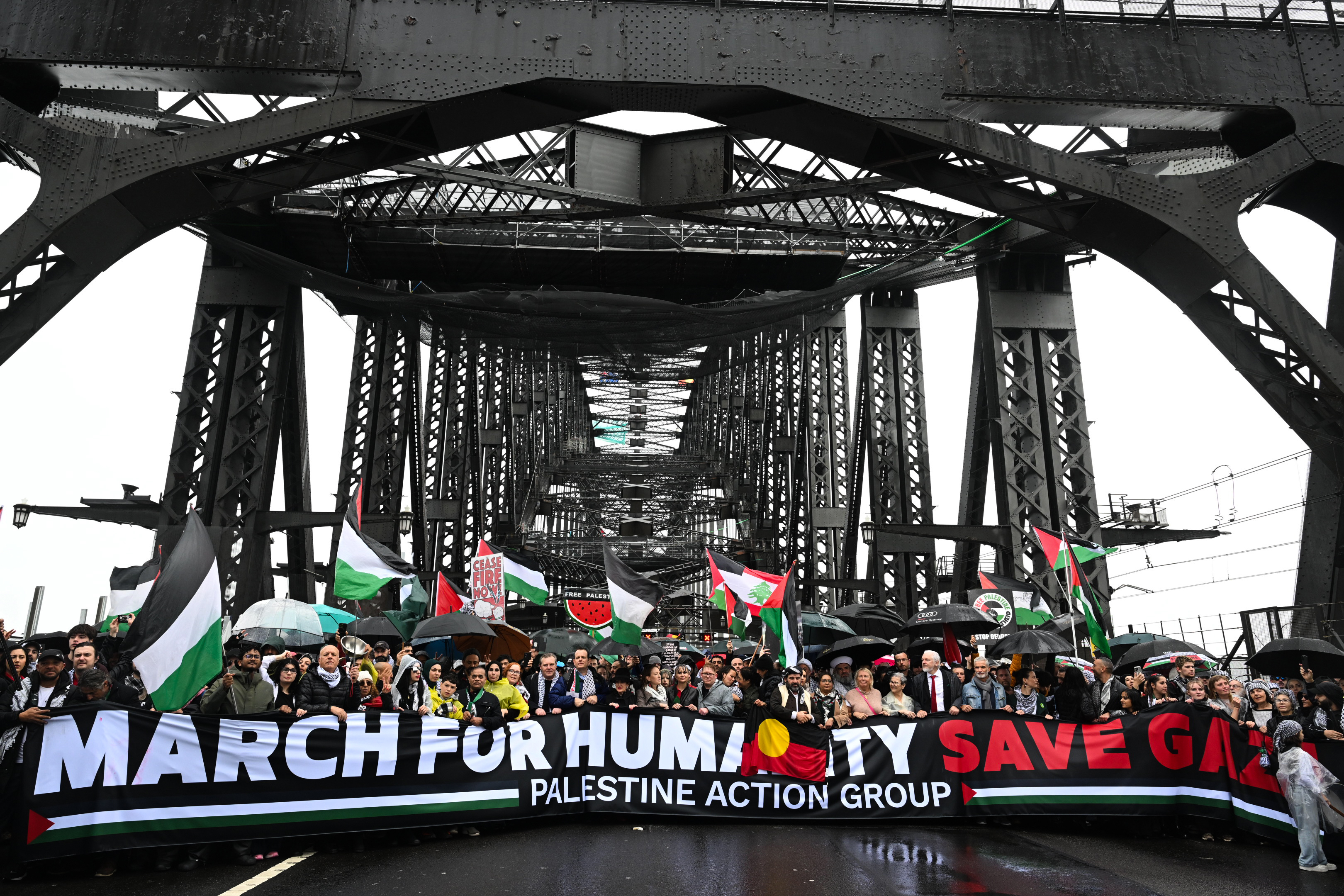 Pro-Palestine protesters march across the Sydney Harbour Bridge to bring attention to the ongoing Israel bombing and aid restrictions to Gaza. 3 August 2025 Photo: Janie Barrett 
