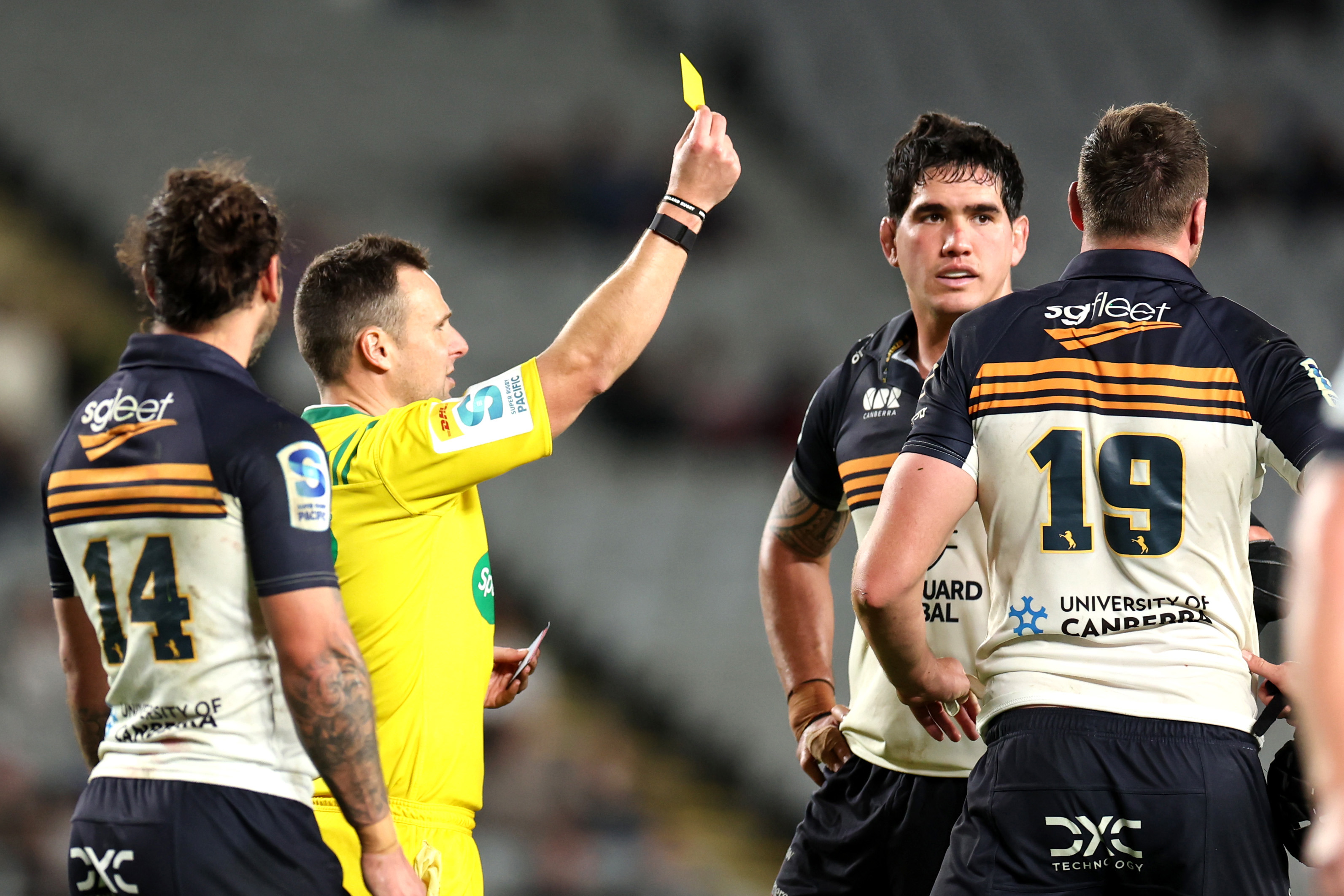 Nick Frost of the Brumbies receives a yellow card during the Super Rugby Pacific semi-final.