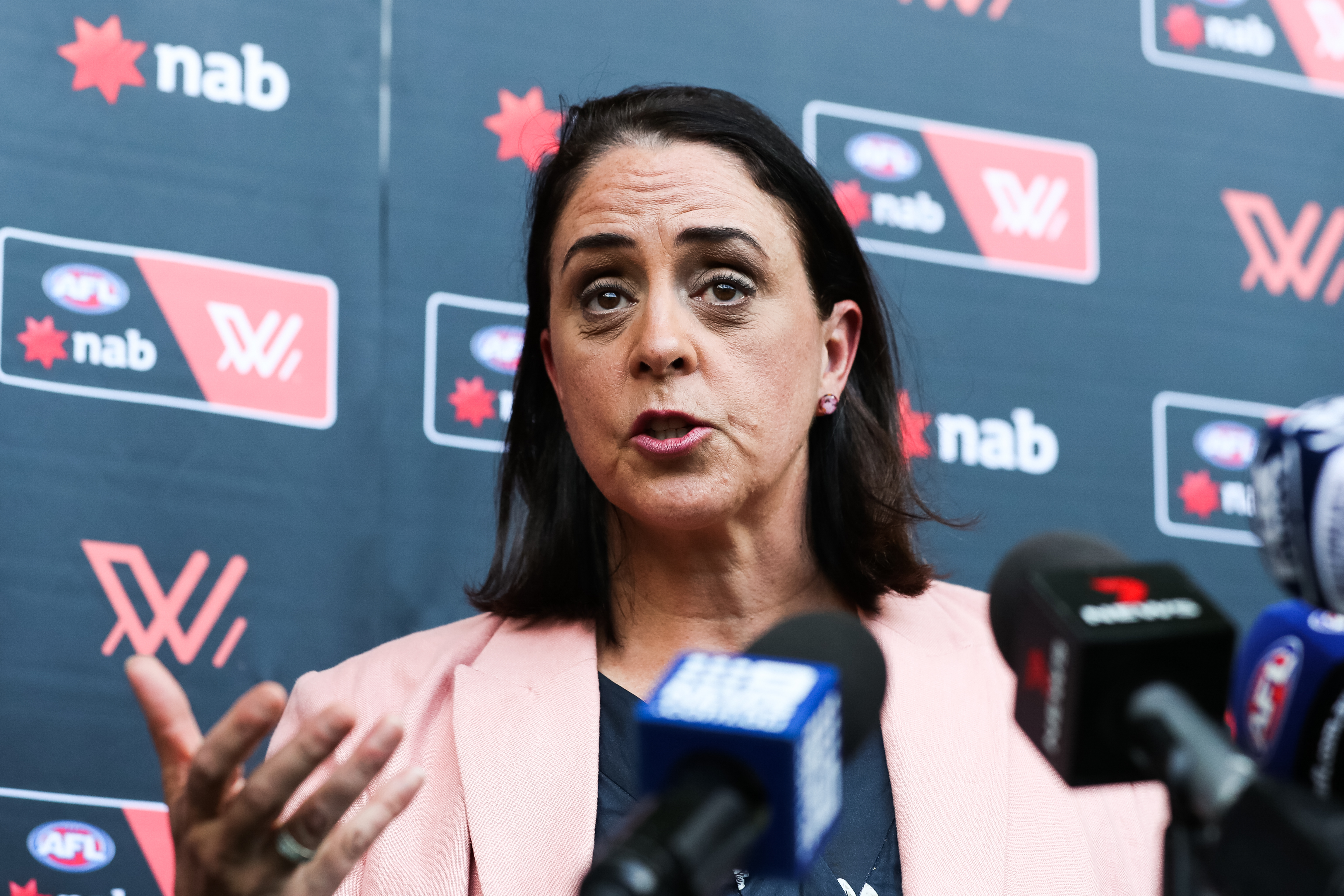 AFL General Manager Womens Football Nicole Livingstone speaks to the media.