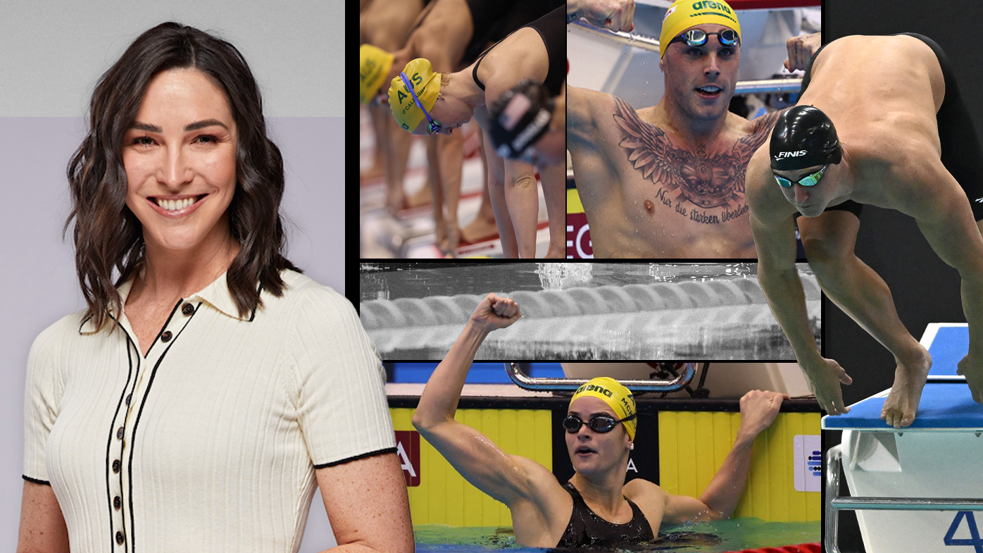 Australian swimming great Giaan Rooney (left) and some of the country's genuine gold medal prospects ahead of the Paris Olympics.