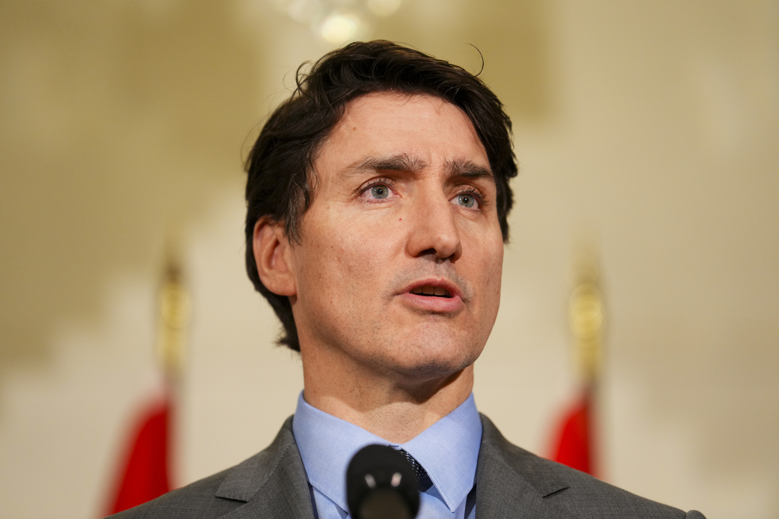 Canada Prime Minister Justin Trudeau holds a press conference at Canada House in London on Sunday, March 2, 2025. (Sean Kilpatrick/The Canadian Press via AP)