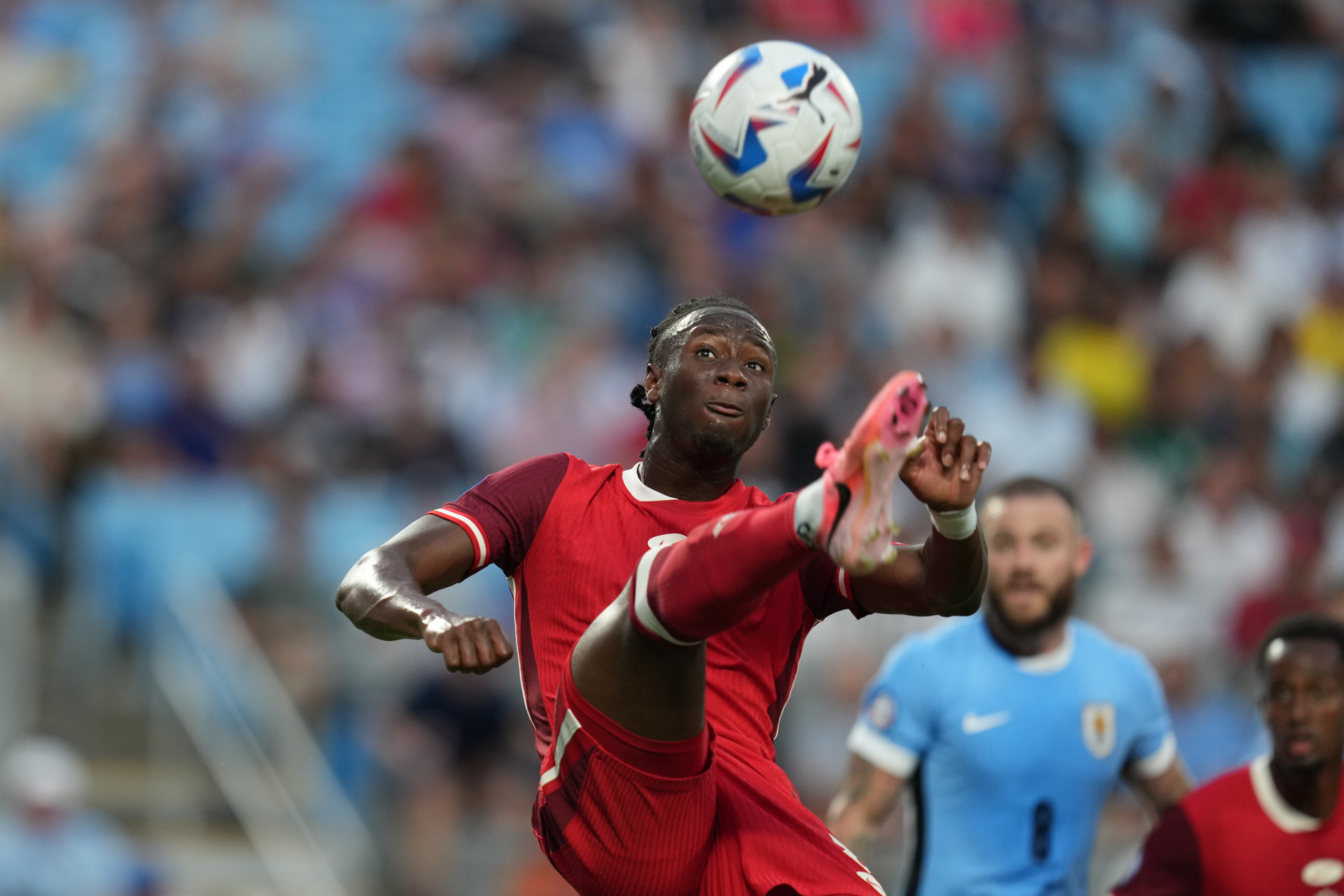 Ismael Kone of Canada scores the team's first goal  during the CONMEBOL Copa America 2024 third place match between Uruguay and Canada at Bank of America Stadium on July 13, 2024 in Charlotte, North Carolina. (Photo by Grant Halverson/Getty Images)