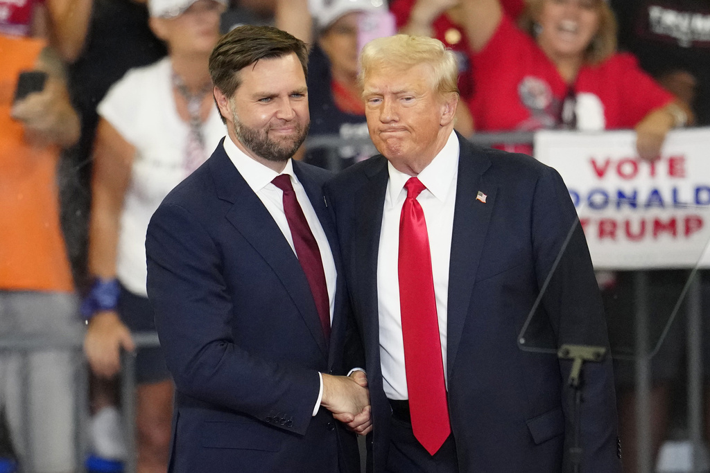 Republican vice presidential candidate Sen. JD Vance, R-Ohio, left, and Republican presidential candidate former President Donald Trump