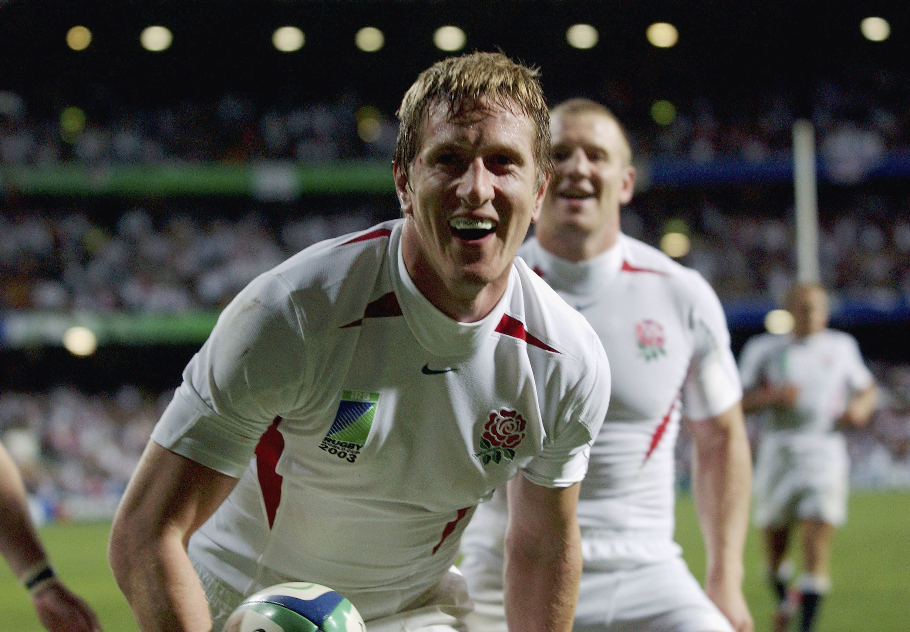 Will Greenwood of England celebrates scoring the winning try against South Africa.