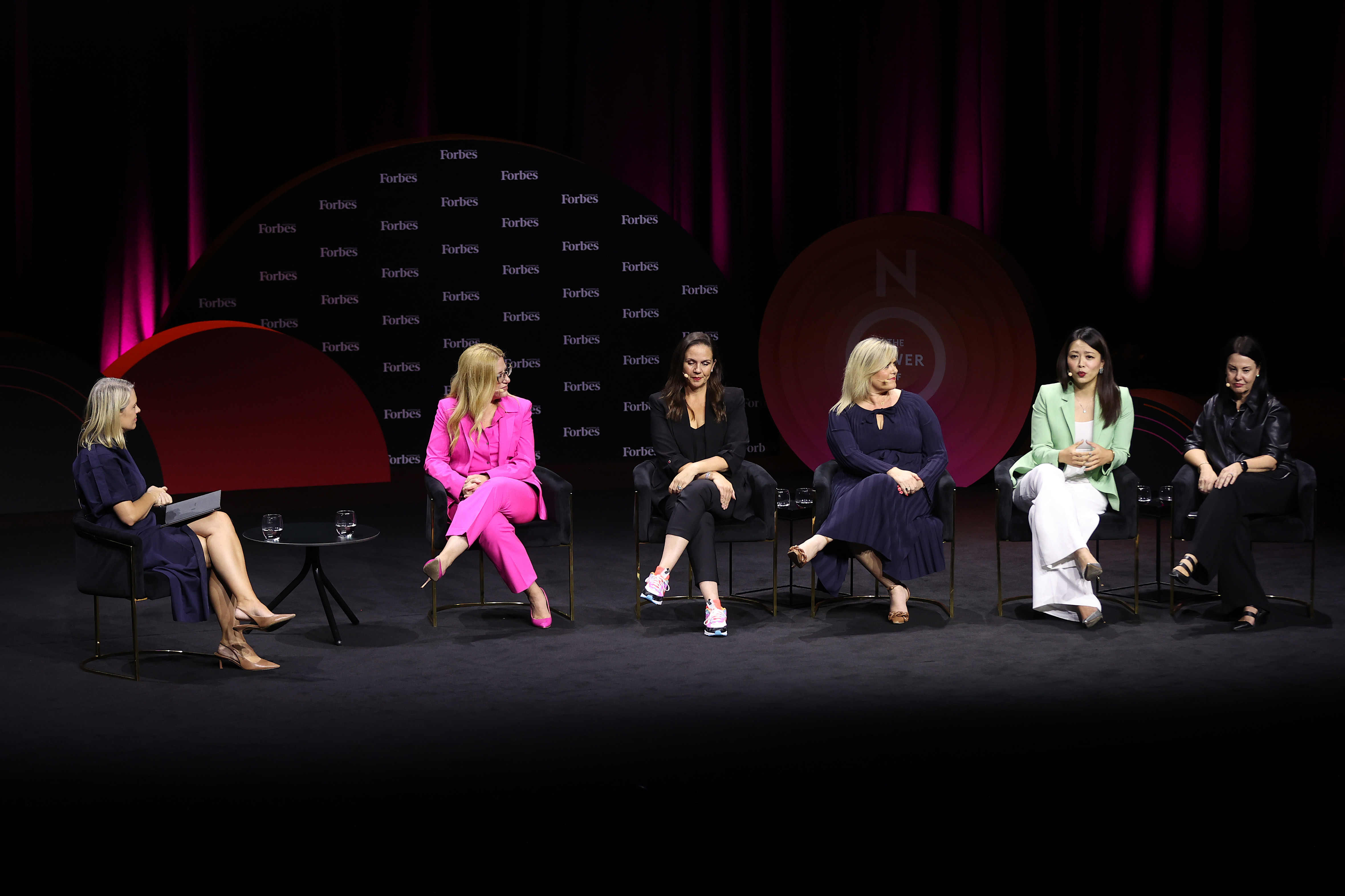 Power of Leadership panel Maria Lykouras, Melanie Silva, Martina Crowley, Sarah Liu and Jane Huxley during at the Forbes Australia Women's Summit at ICC Sydney on March 22, 2023 in Sydney, Australia. Forbes Australia Women's Summit, presented by NAB Private Wealth.  (Photo by Brendon Thorne/Getty Images for Forbes Australia)