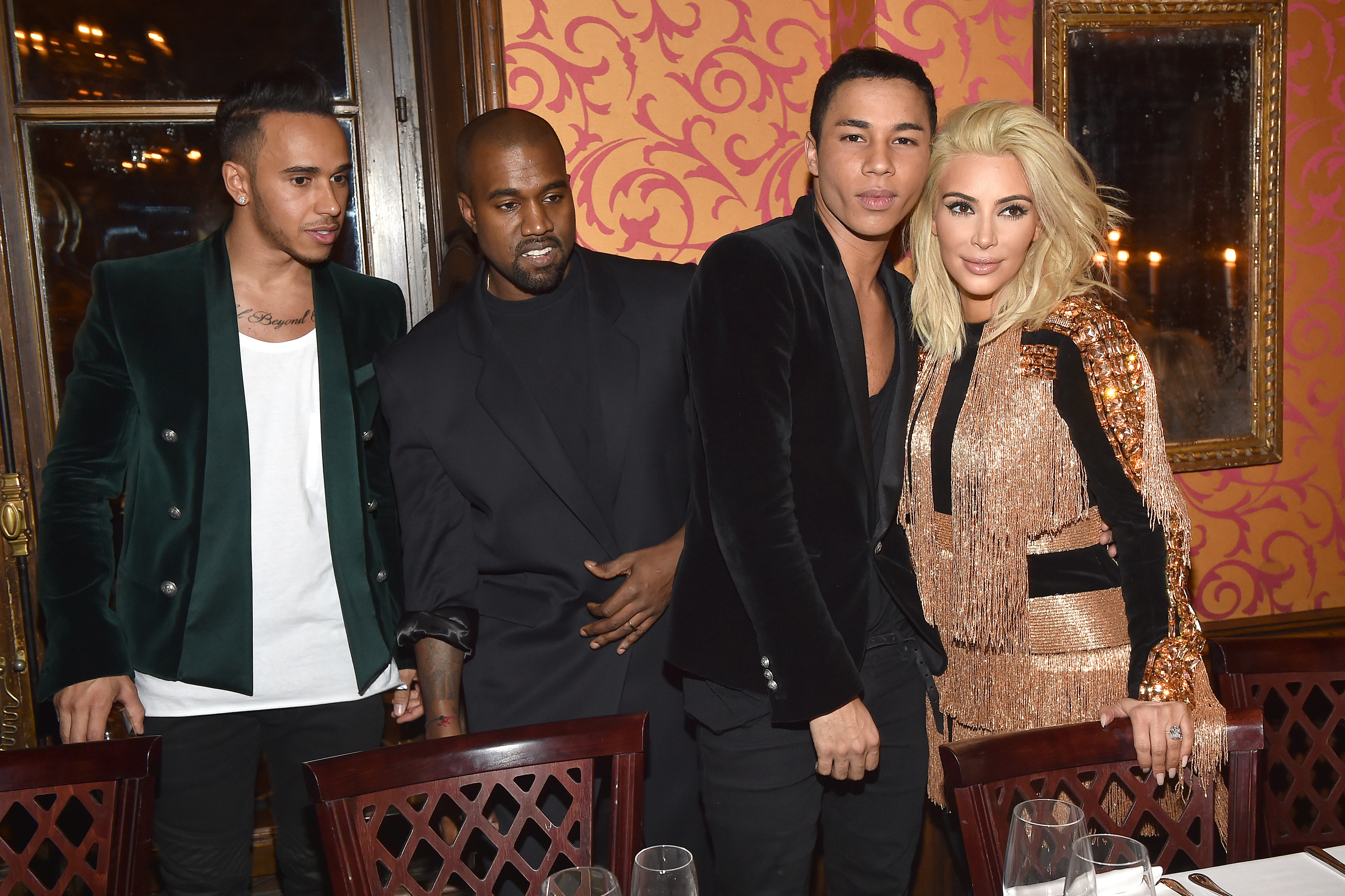 Lewis Hamilton, Kanye West, Olivier Rousteing and Kim Kardashian attend the Balmain Aftershow Dinner as part of the Paris Fashion Week Womenswear Fall/Winter 2015/2016  on March 5, 2015 in Paris, France.  