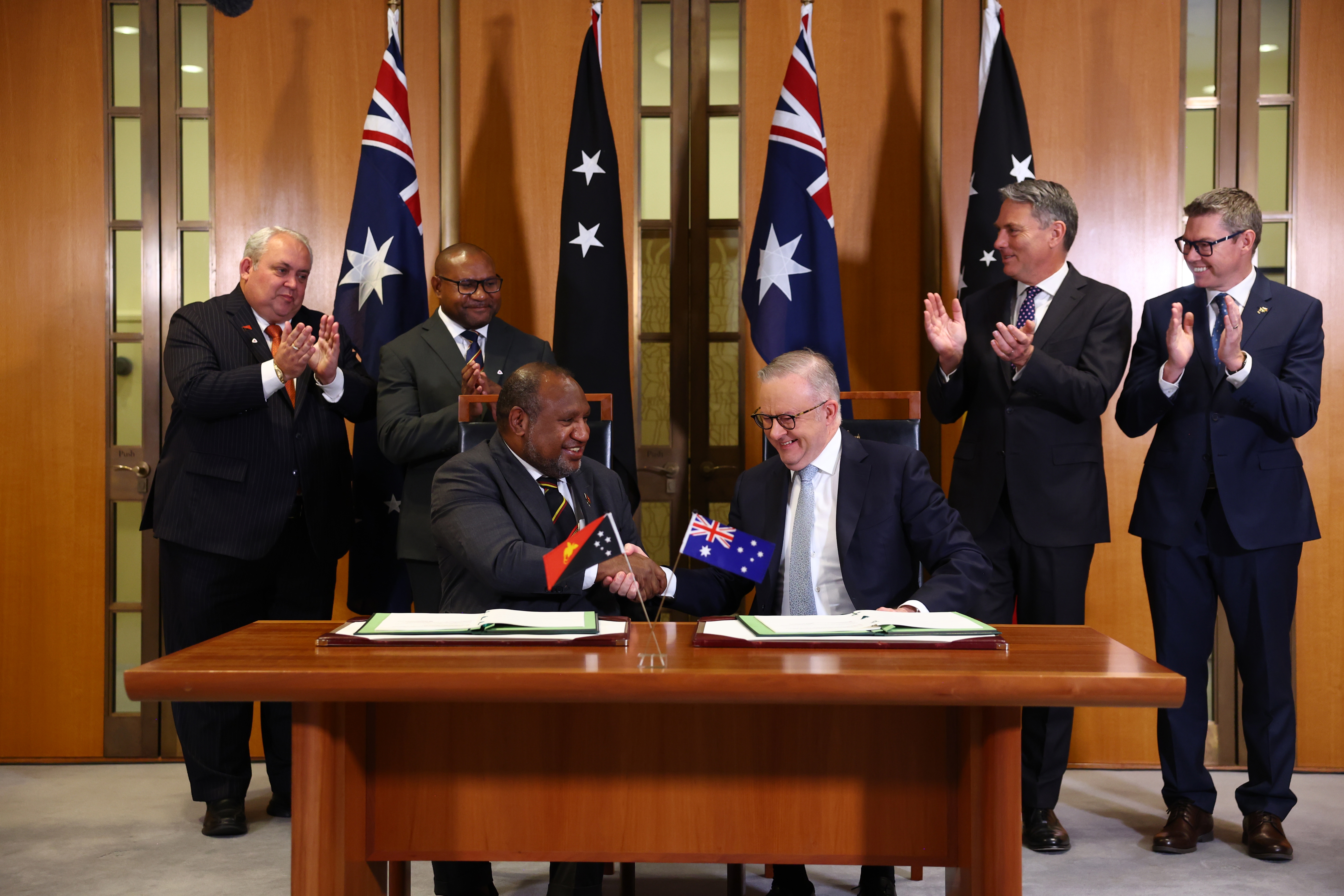 Prime Minister Anthony Albanese and Prime Minister of Papua New Guinea James Marape during a press conference after signing the Pukpuk defence Treaty at Parliament House in Canberra on October 6, 2025. 