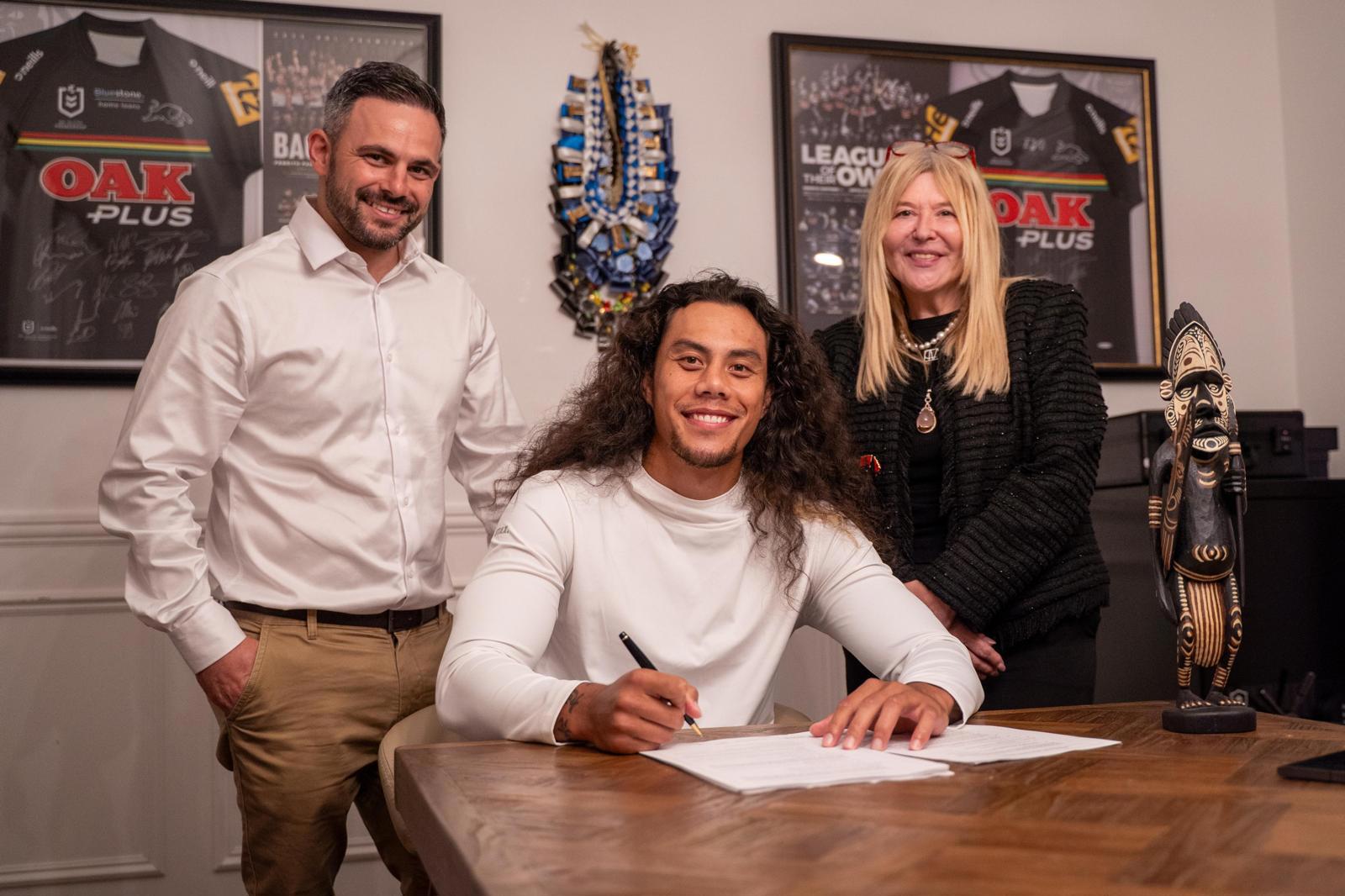 Chiefs general manager of football Michael Chammas, star signing Jarome Luai, and CEO Lorna McPherson.