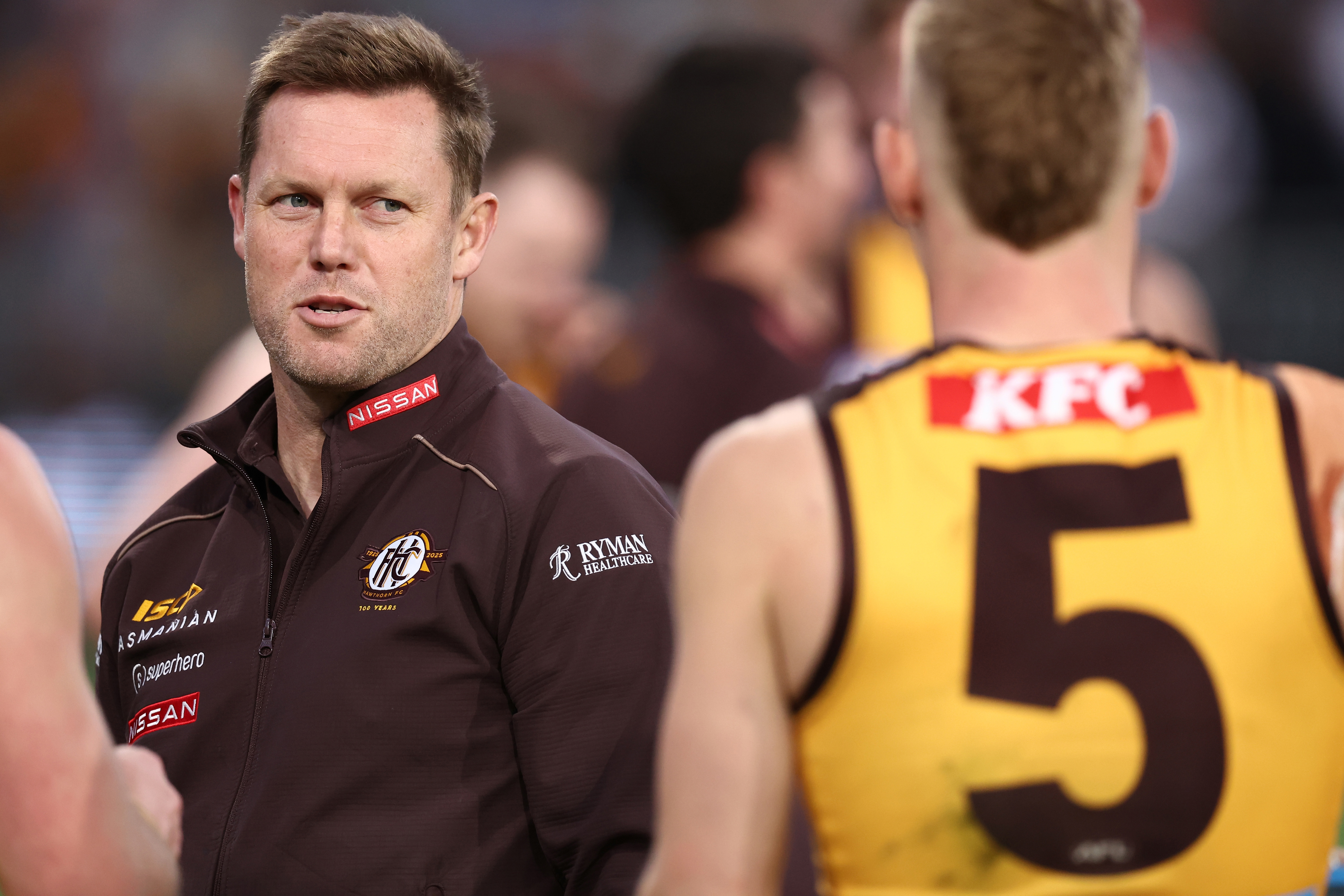 Sam Mitchell chatting to James Worpel.