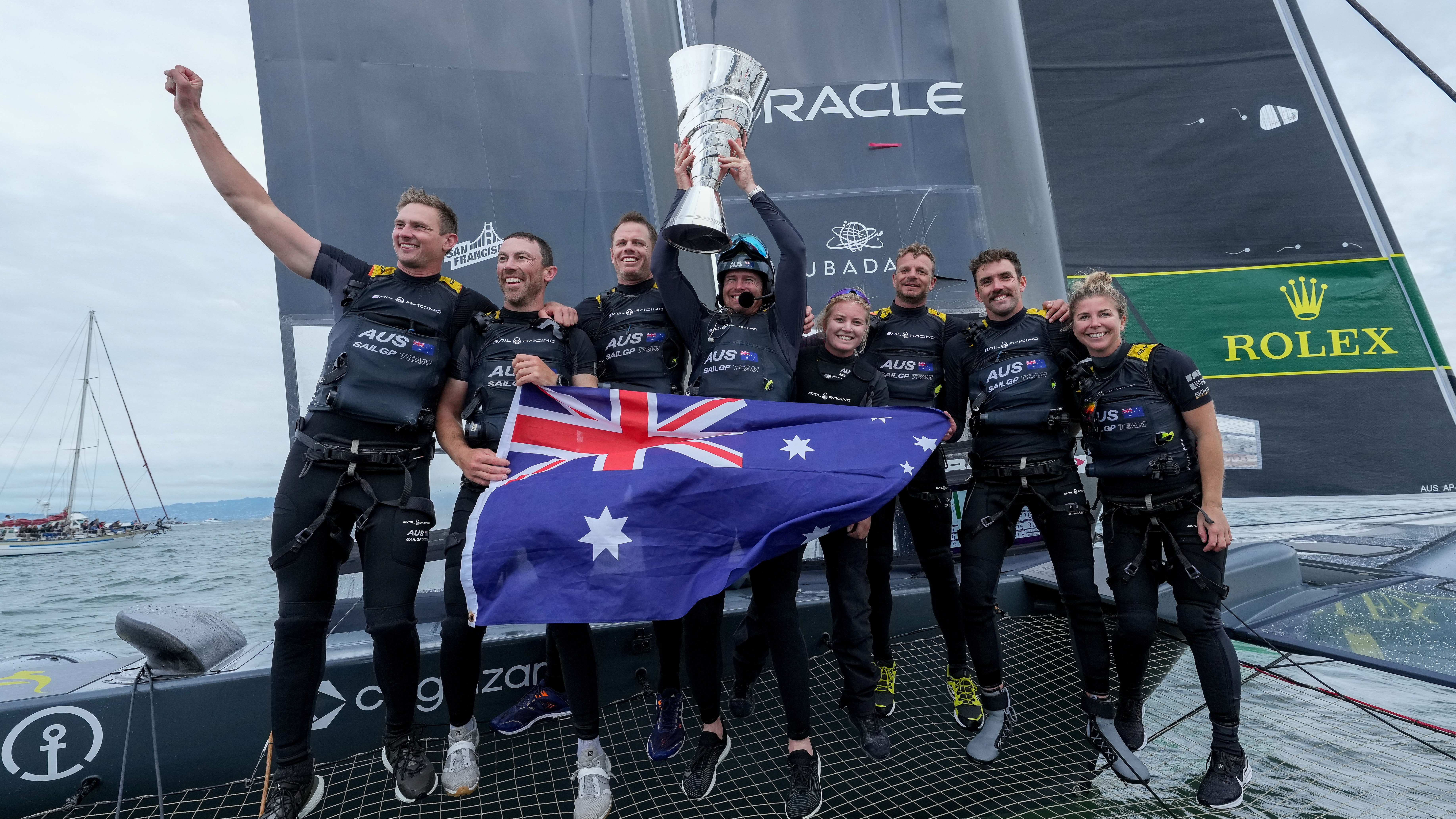 Australia's Sail GP team celebrate victory in the grand final in San Francisco.