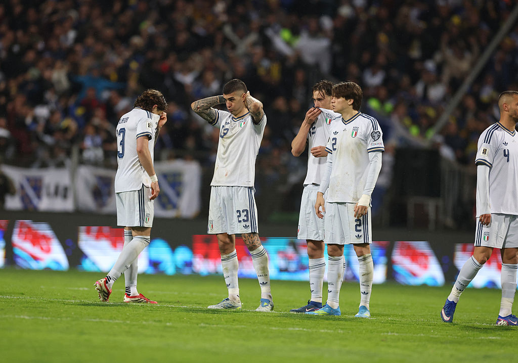 Players of Italy reacts at the end of the FIFA World Cup 2026 European Qualifiers.