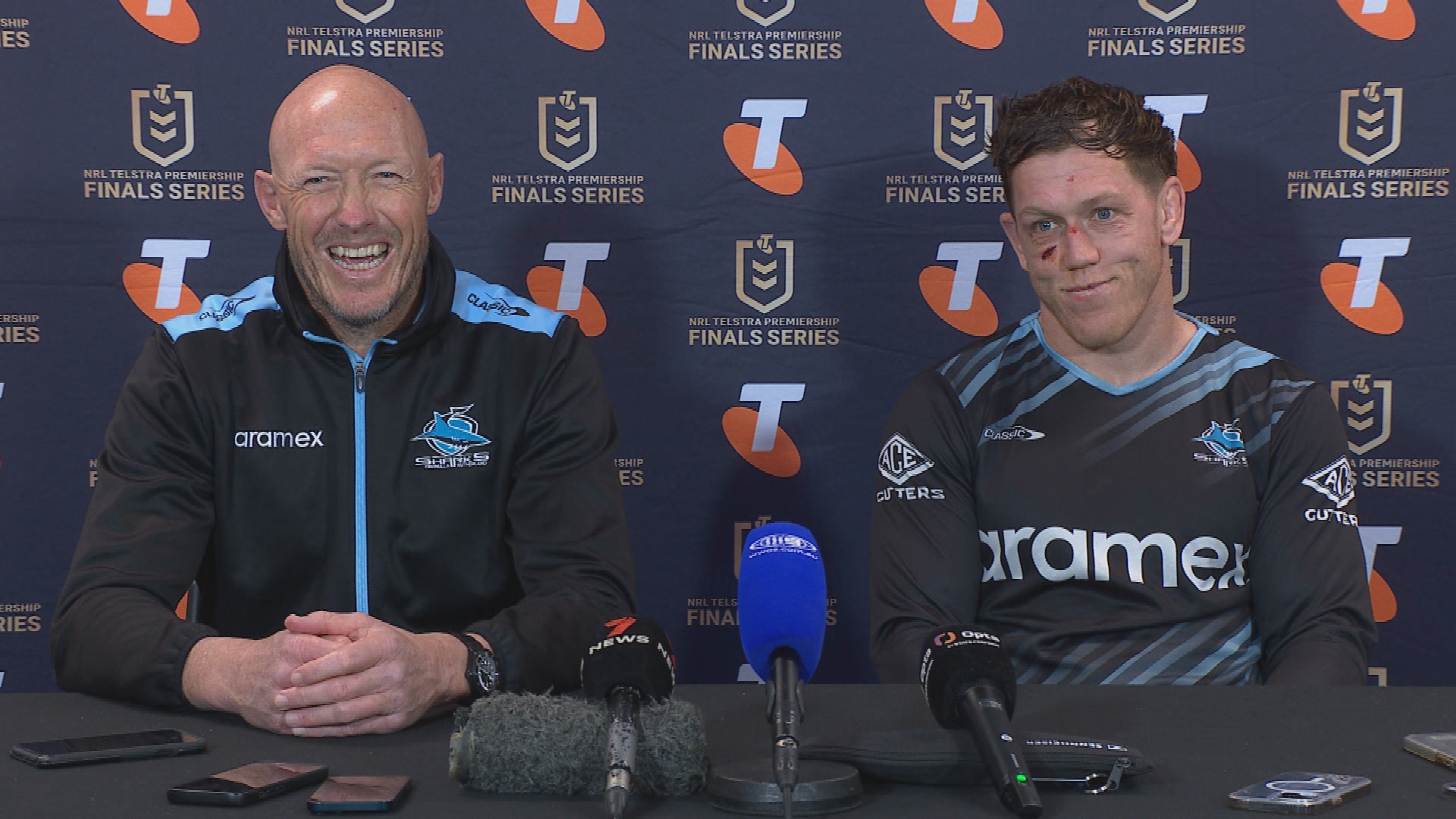 Craig Fitzgibbons and Cameron McInnes speak at the post-match press conference.